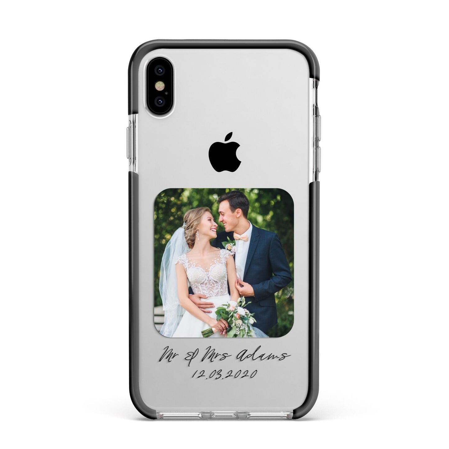 Wedding Photo Upload Keepsake with Text Apple iPhone Xs Max Impact Case Black Edge on Silver Phone