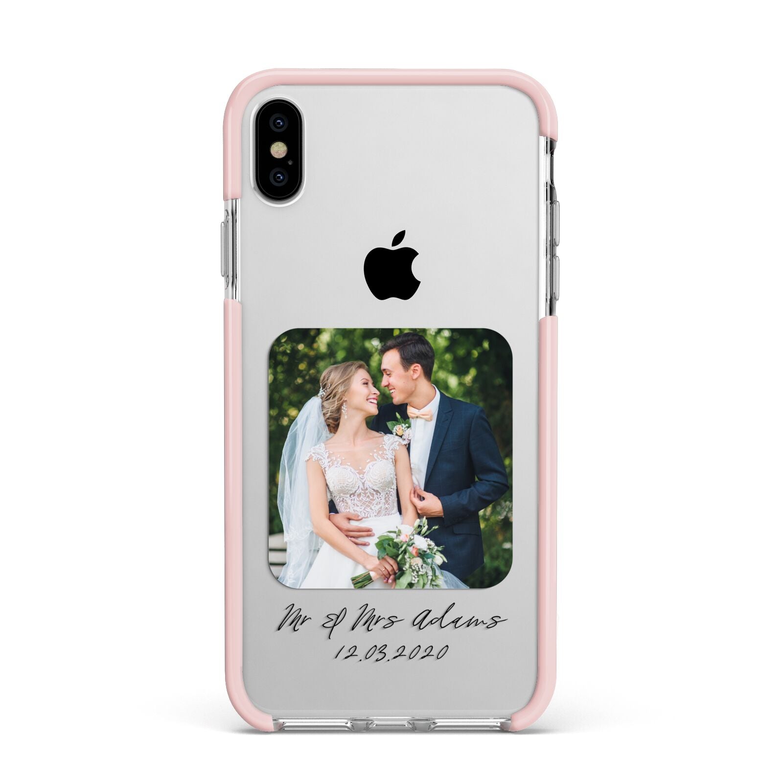 Wedding Photo Upload Keepsake with Text Apple iPhone Xs Max Impact Case Pink Edge on Silver Phone