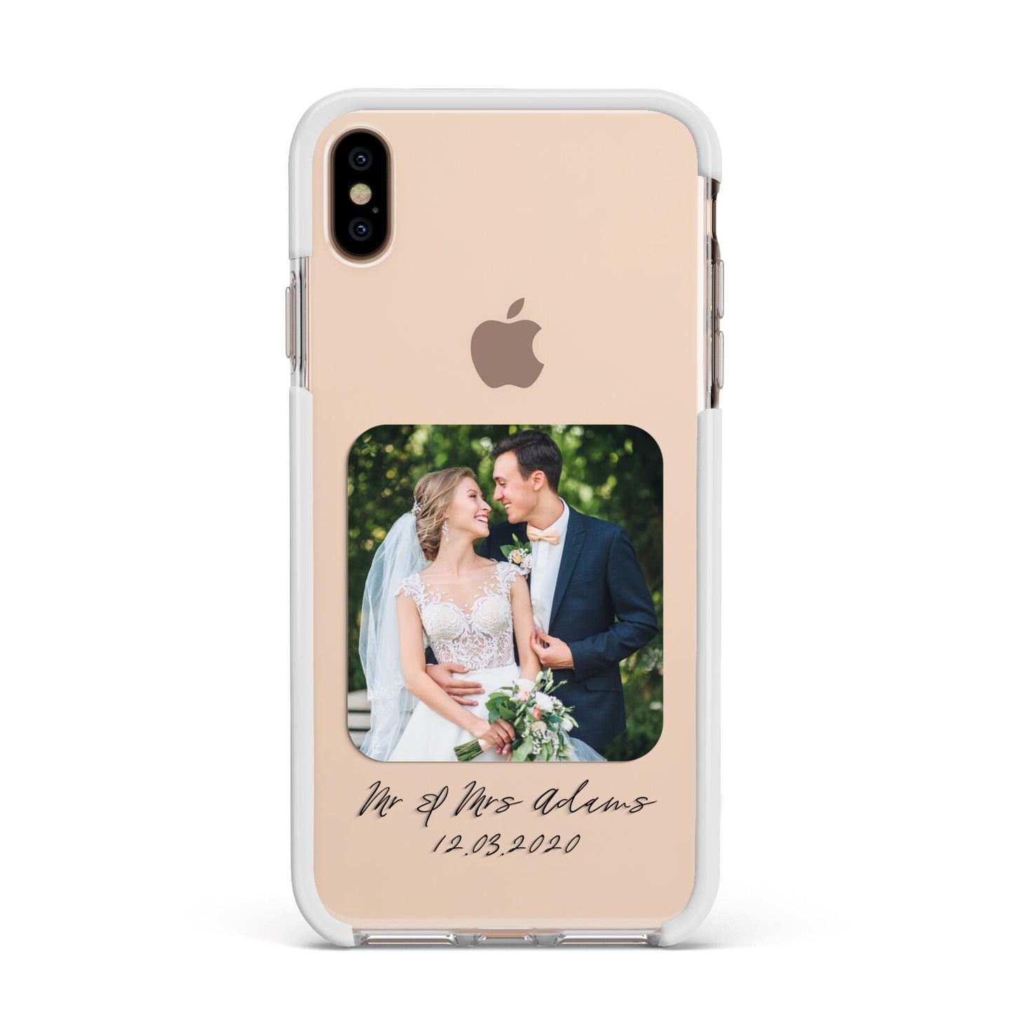 Wedding Photo Upload Keepsake with Text Apple iPhone Xs Max Impact Case White Edge on Gold Phone