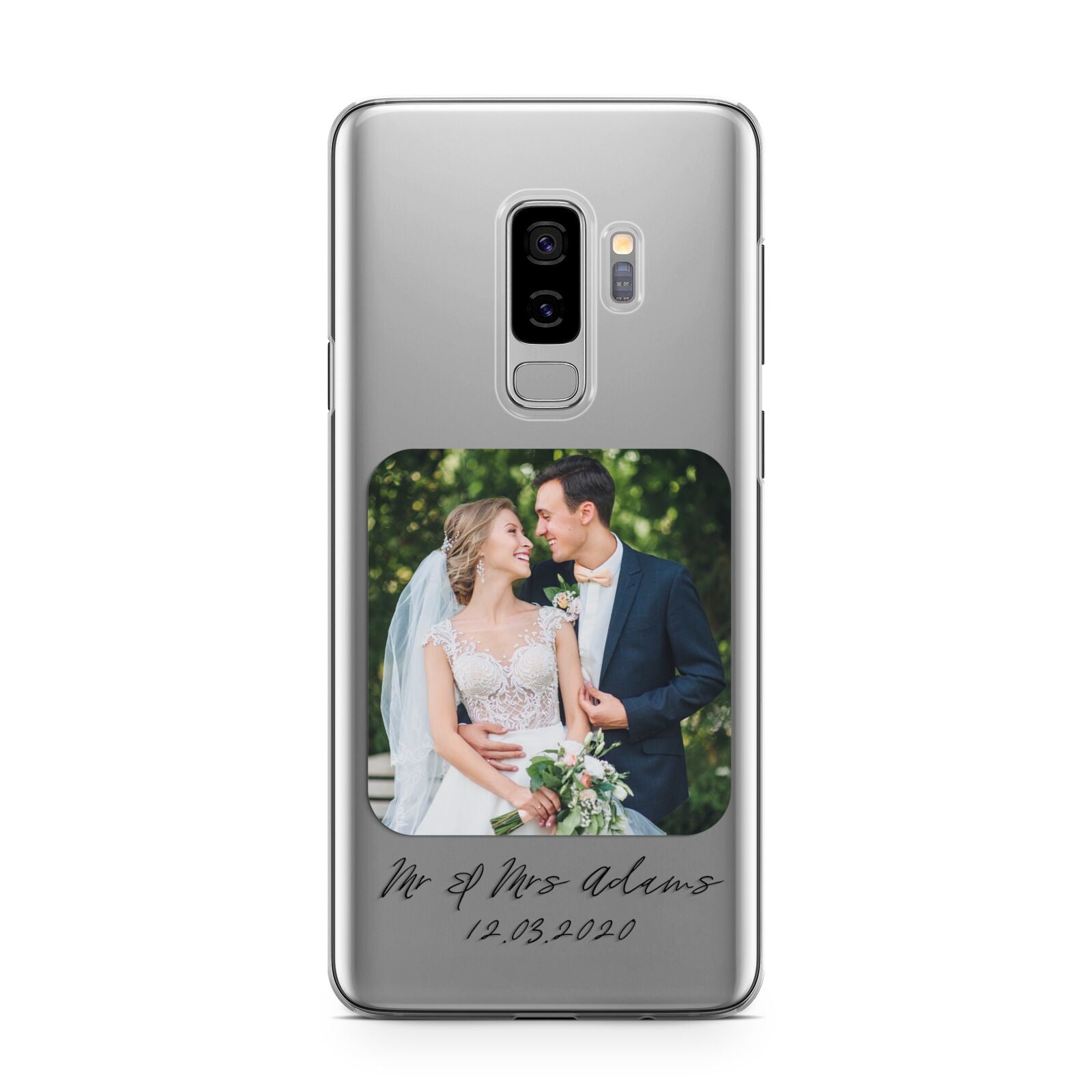 Wedding Photo Upload Keepsake with Text Samsung Galaxy S9 Plus Case on Silver phone
