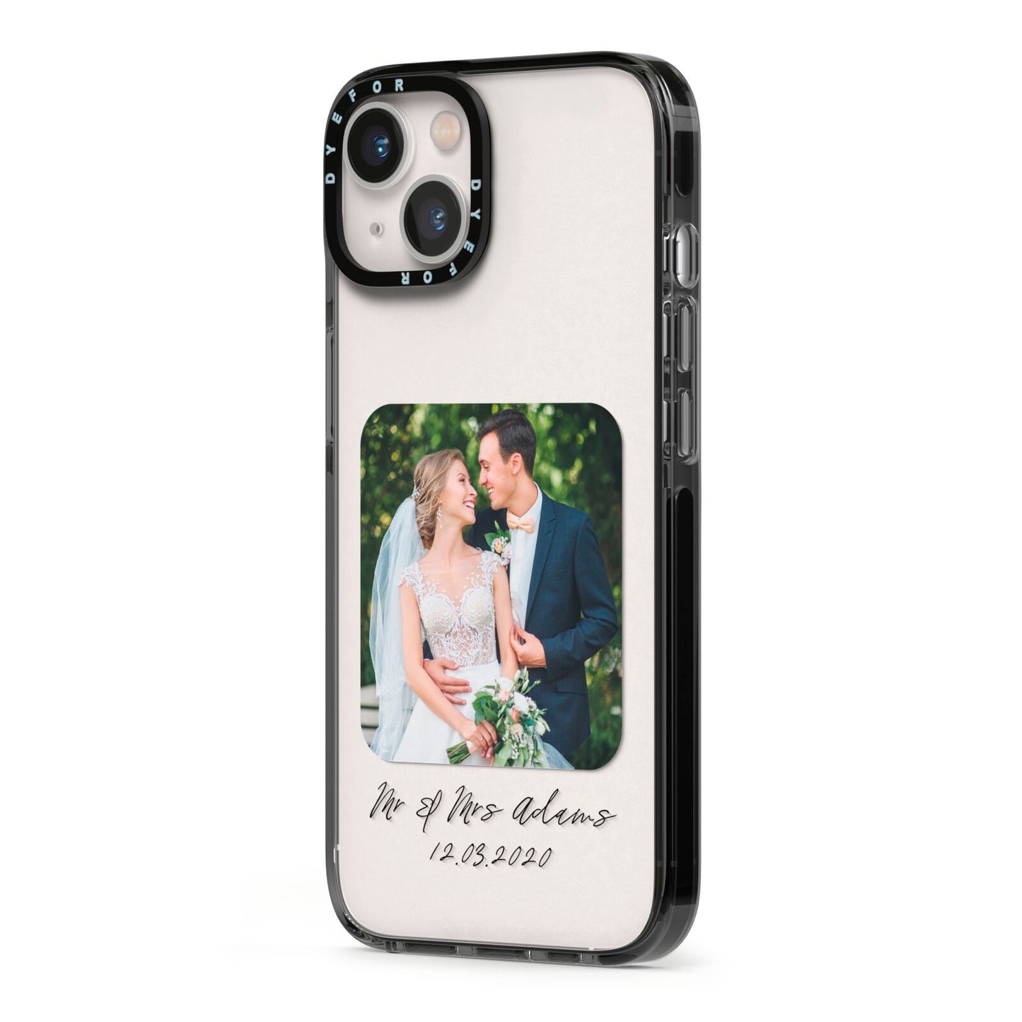 Wedding Photo Upload Keepsake with Text iPhone 13 Black Impact Case Side Angle on Silver phone