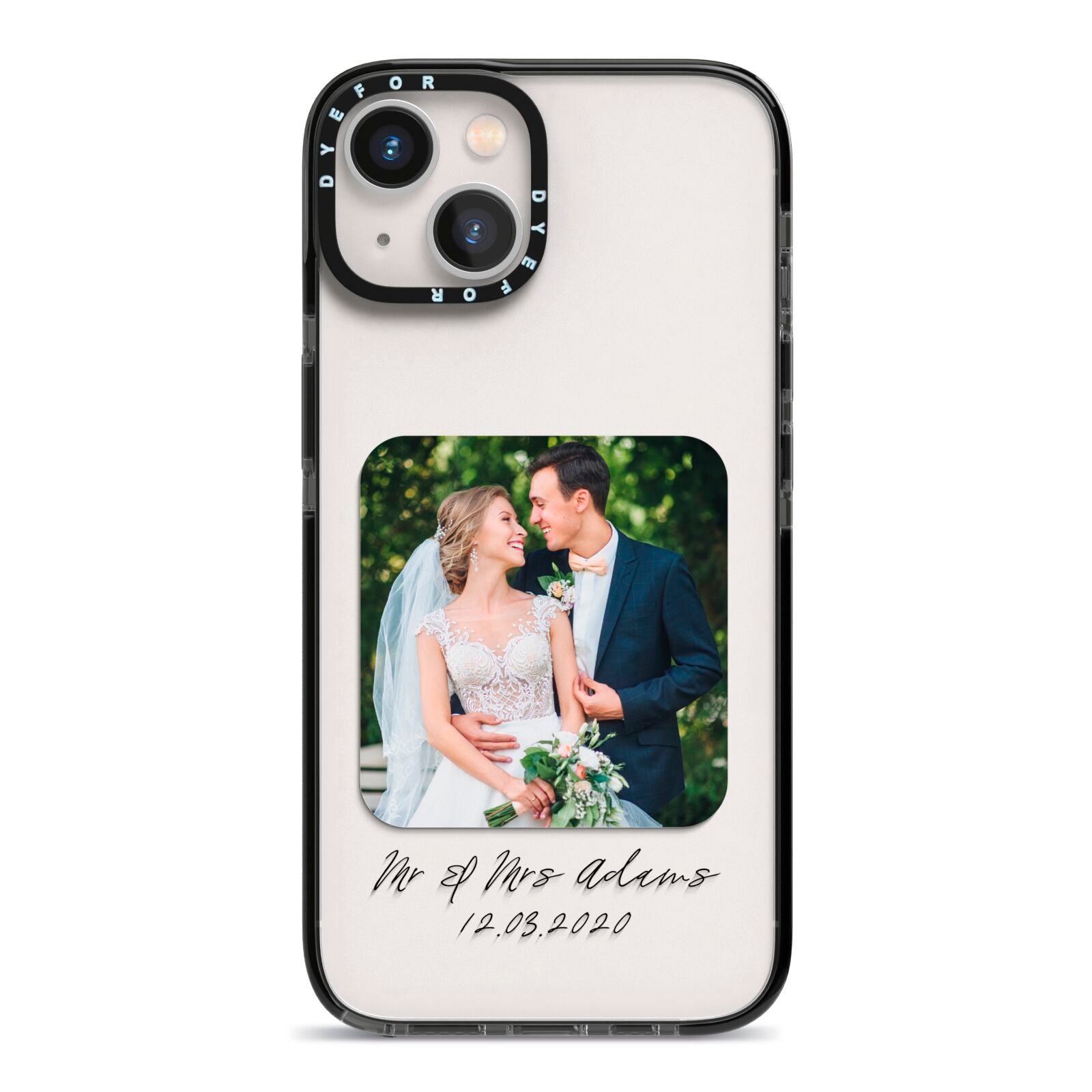 Wedding Photo Upload Keepsake with Text iPhone 13 Black Impact Case on Silver phone