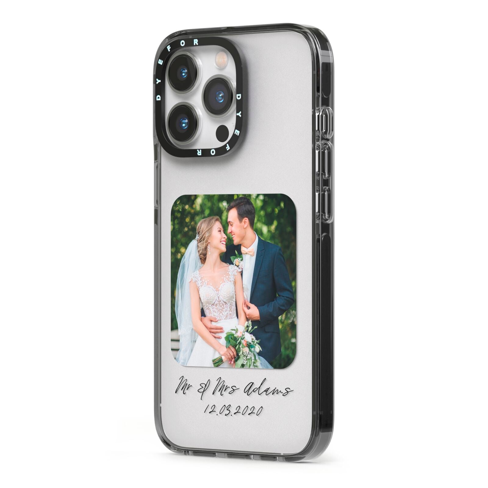 Wedding Photo Upload Keepsake with Text iPhone 13 Pro Black Impact Case Side Angle on Silver phone