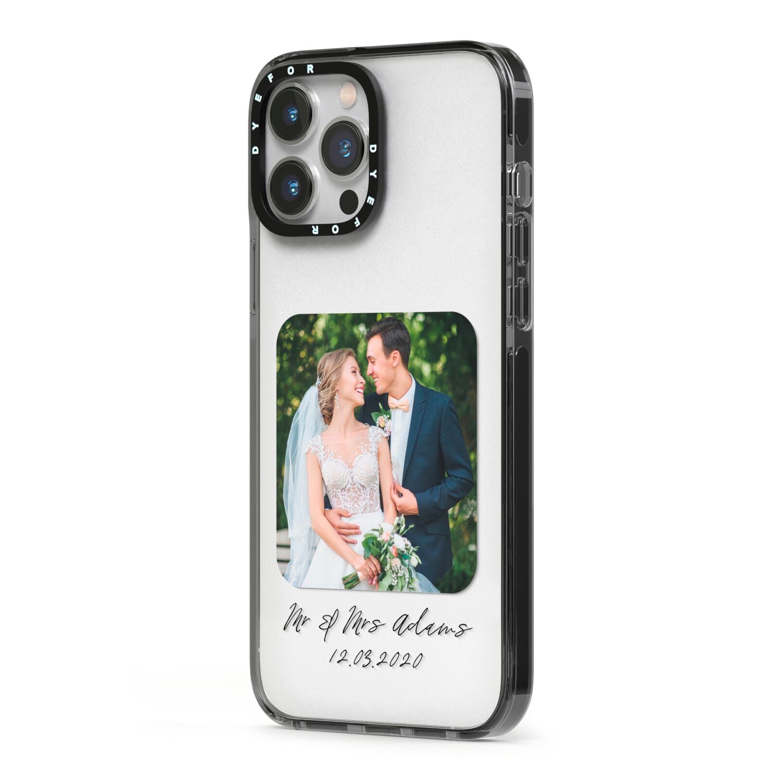 Wedding Photo Upload Keepsake with Text iPhone 13 Pro Max Black Impact Case Side Angle on Silver phone