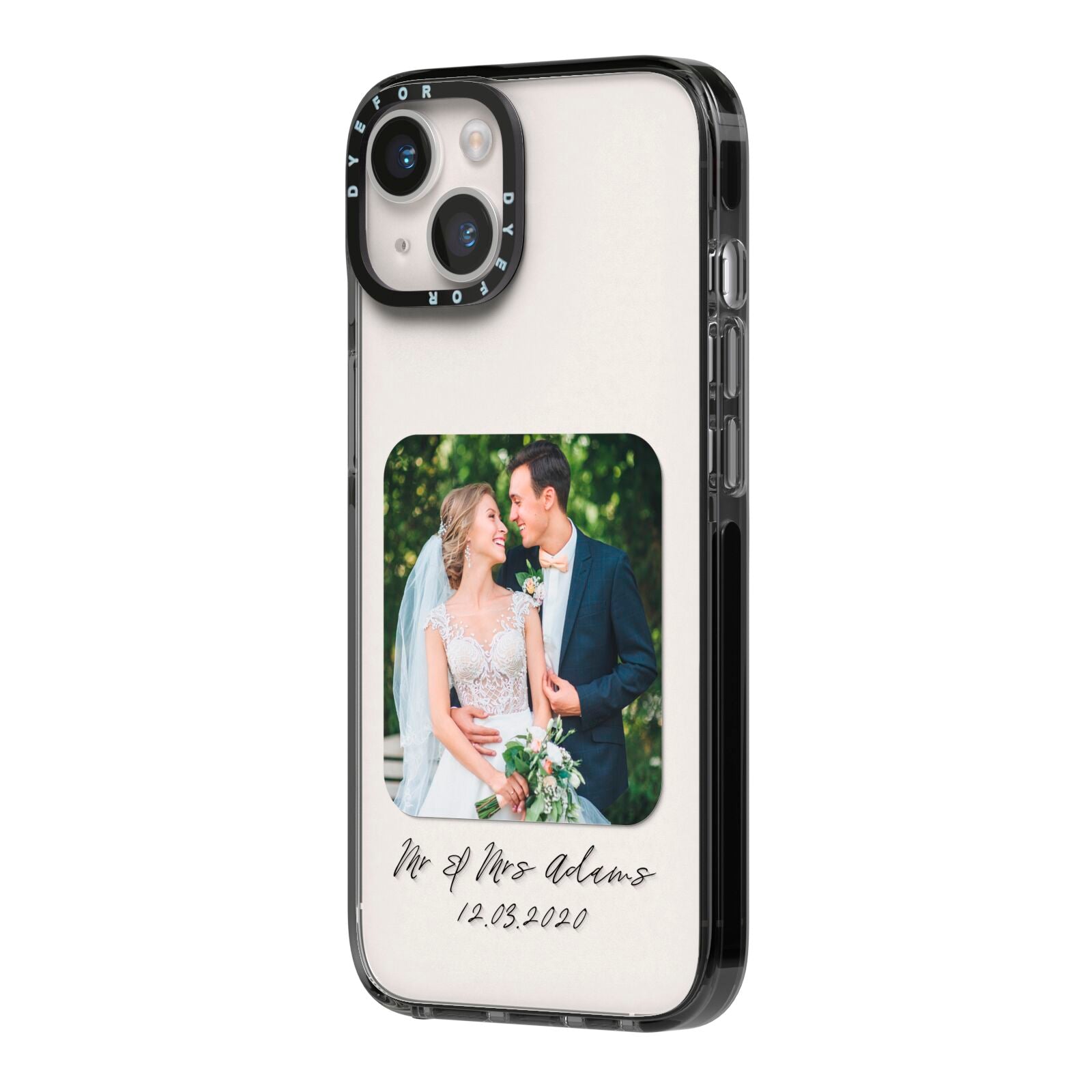 Wedding Photo Upload Keepsake with Text iPhone 14 Black Impact Case Side Angle on Silver phone