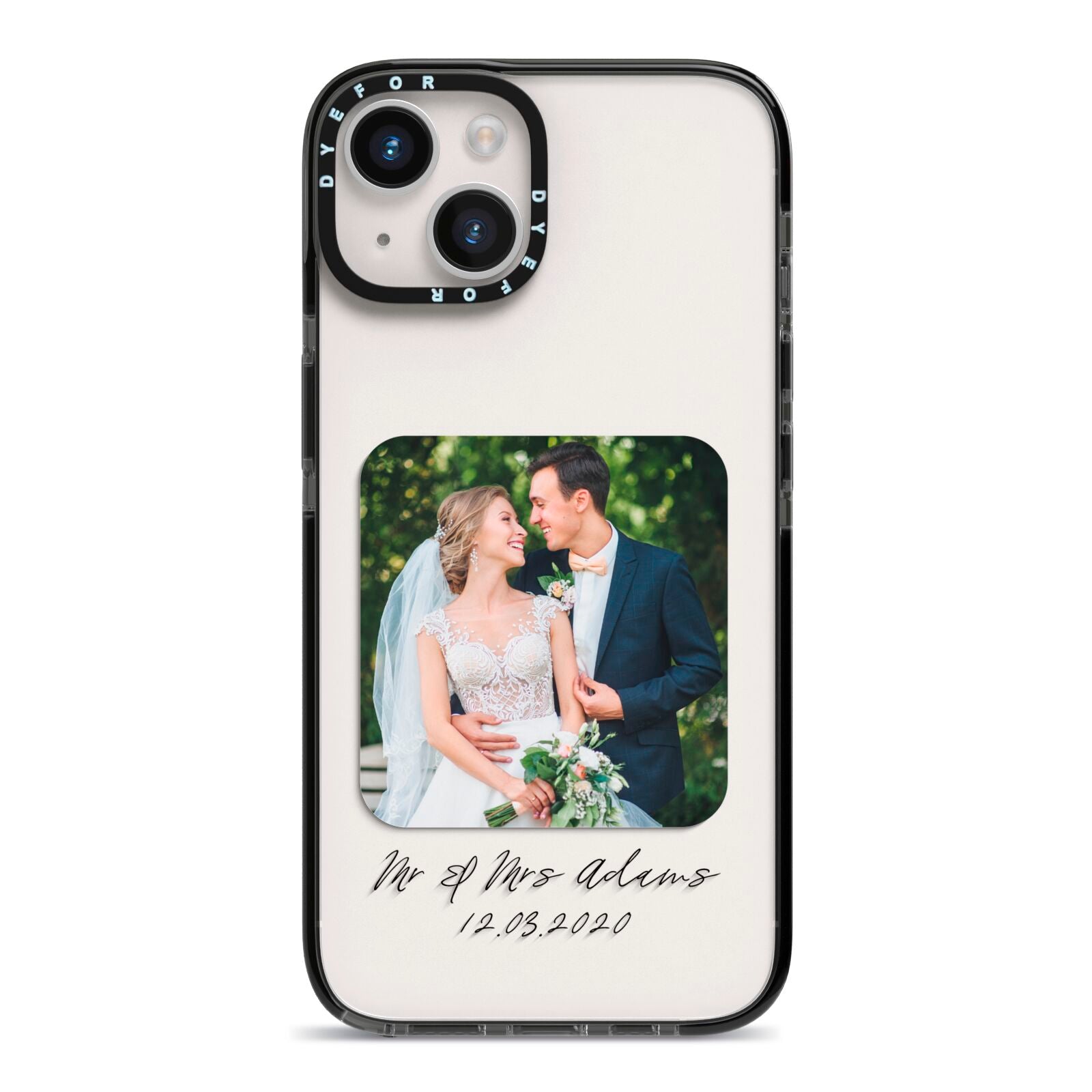 Wedding Photo Upload Keepsake with Text iPhone 14 Black Impact Case on Silver phone