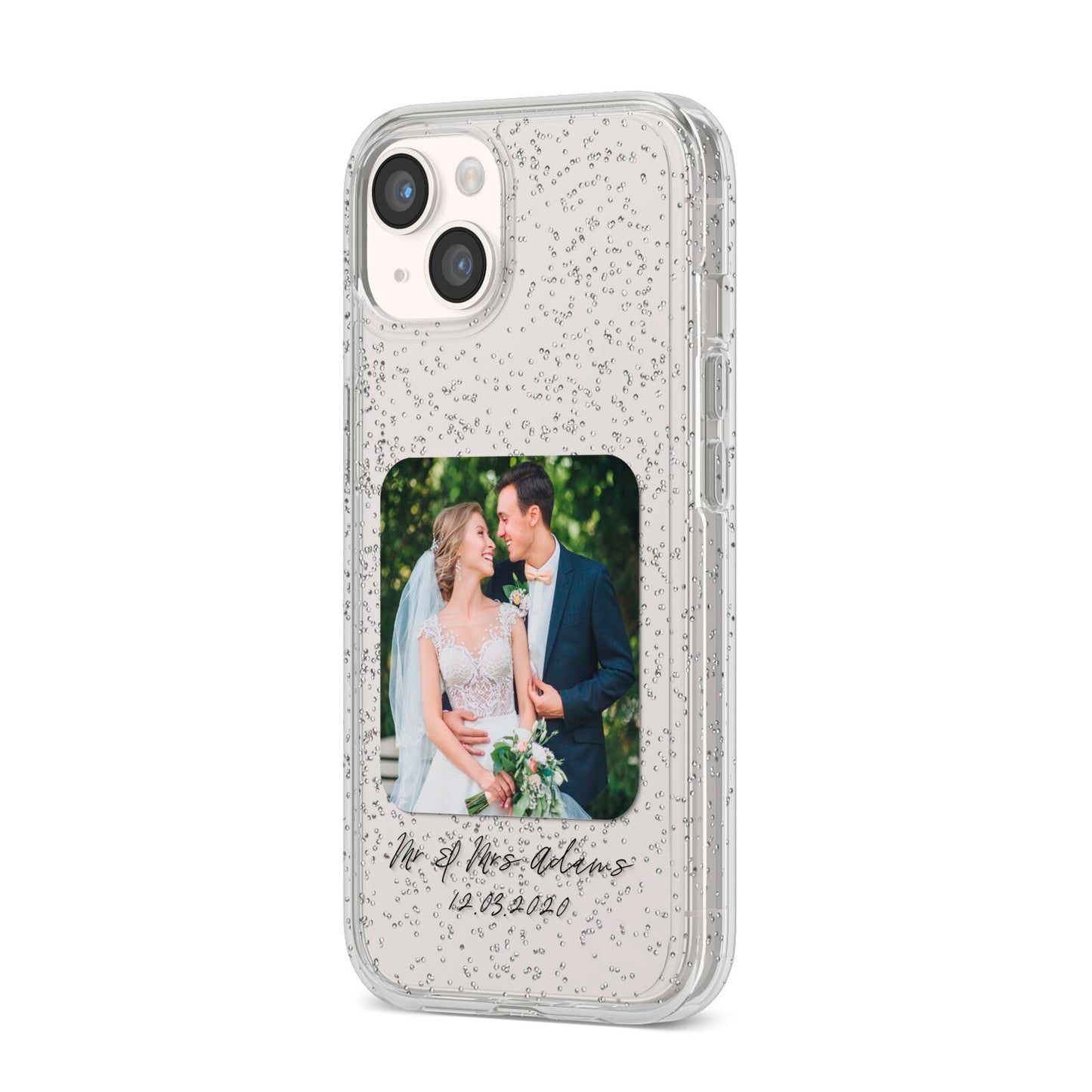 Wedding Photo Upload Keepsake with Text iPhone 14 Glitter Tough Case Starlight Angled Image