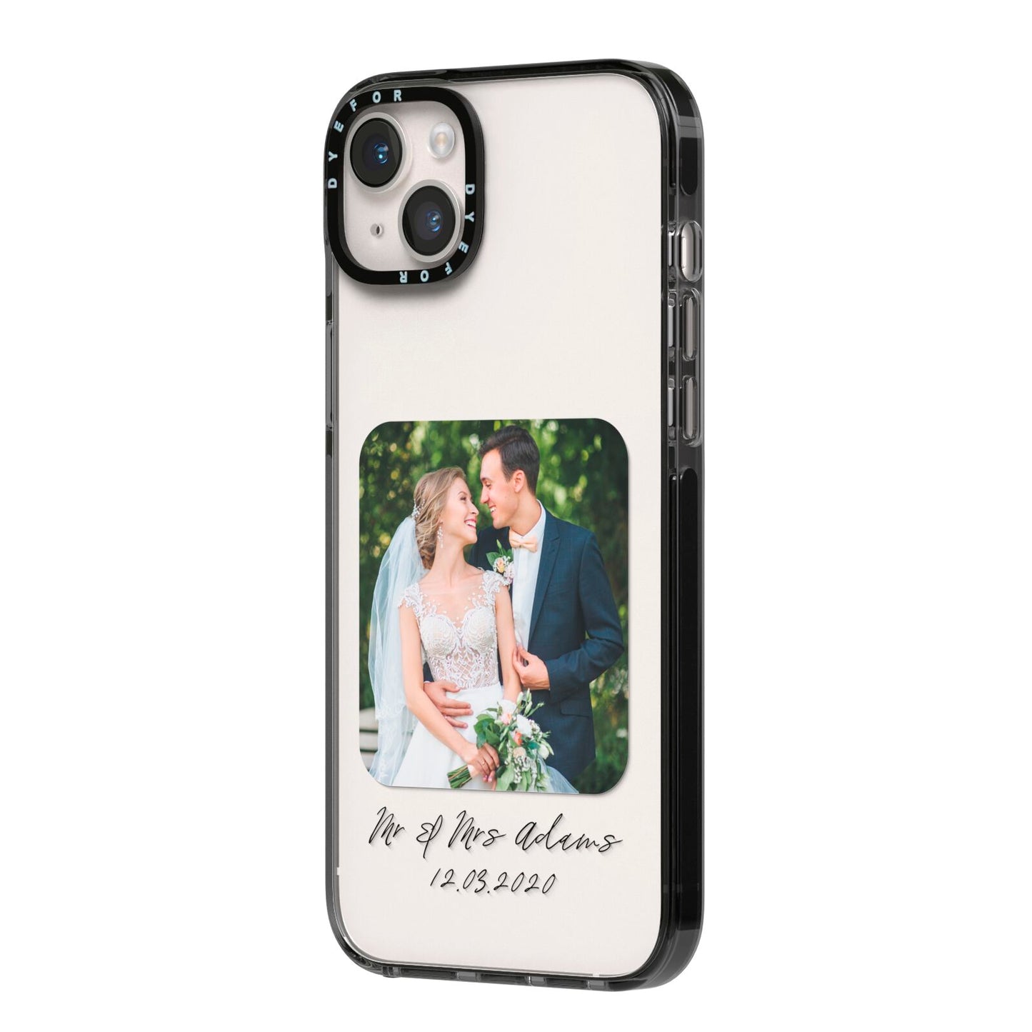Wedding Photo Upload Keepsake with Text iPhone 14 Plus Black Impact Case Side Angle on Silver phone