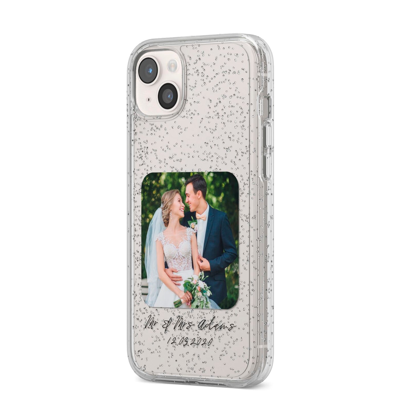 Wedding Photo Upload Keepsake with Text iPhone 14 Plus Glitter Tough Case Starlight Angled Image