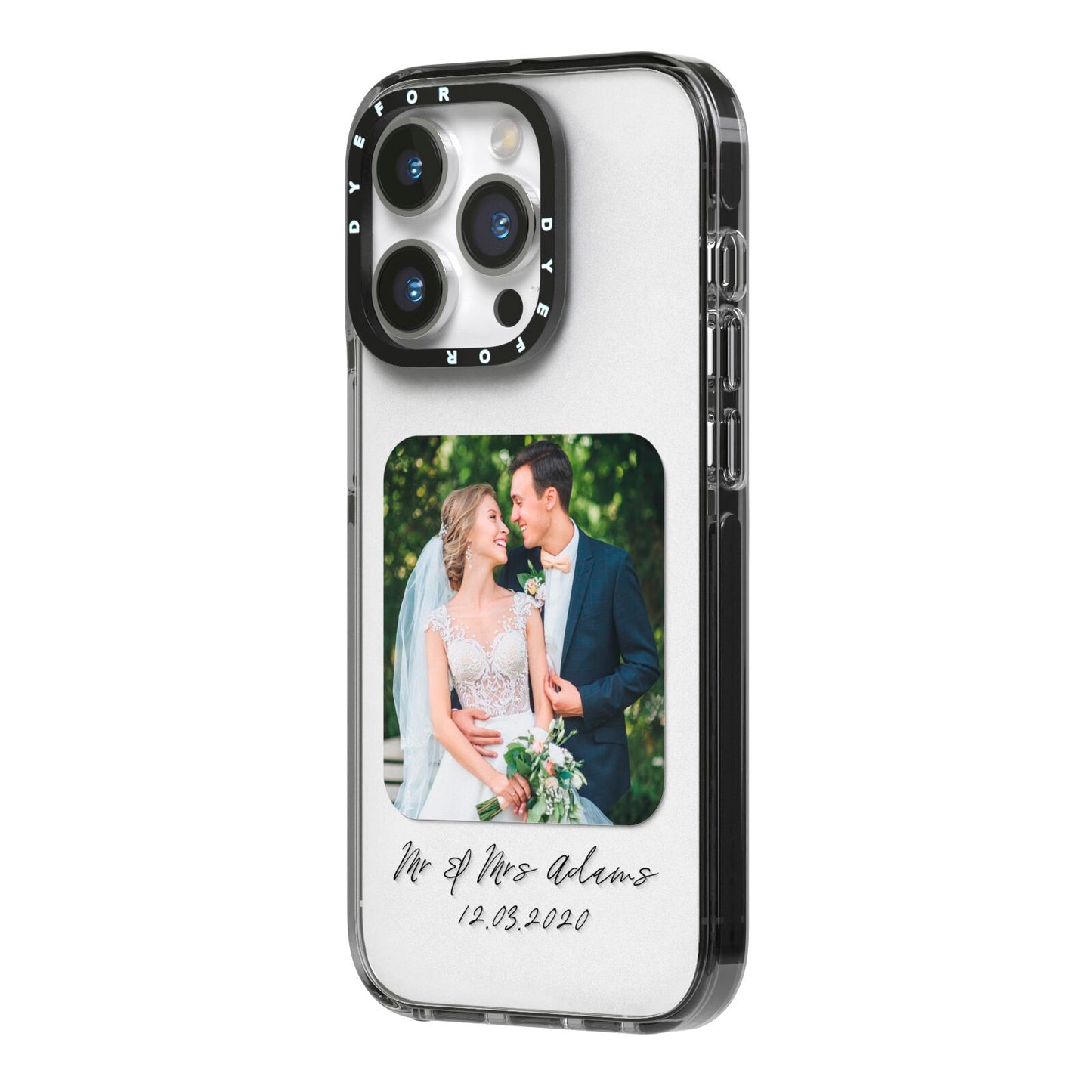 Wedding Photo Upload Keepsake with Text iPhone 14 Pro Black Impact Case Side Angle on Silver phone