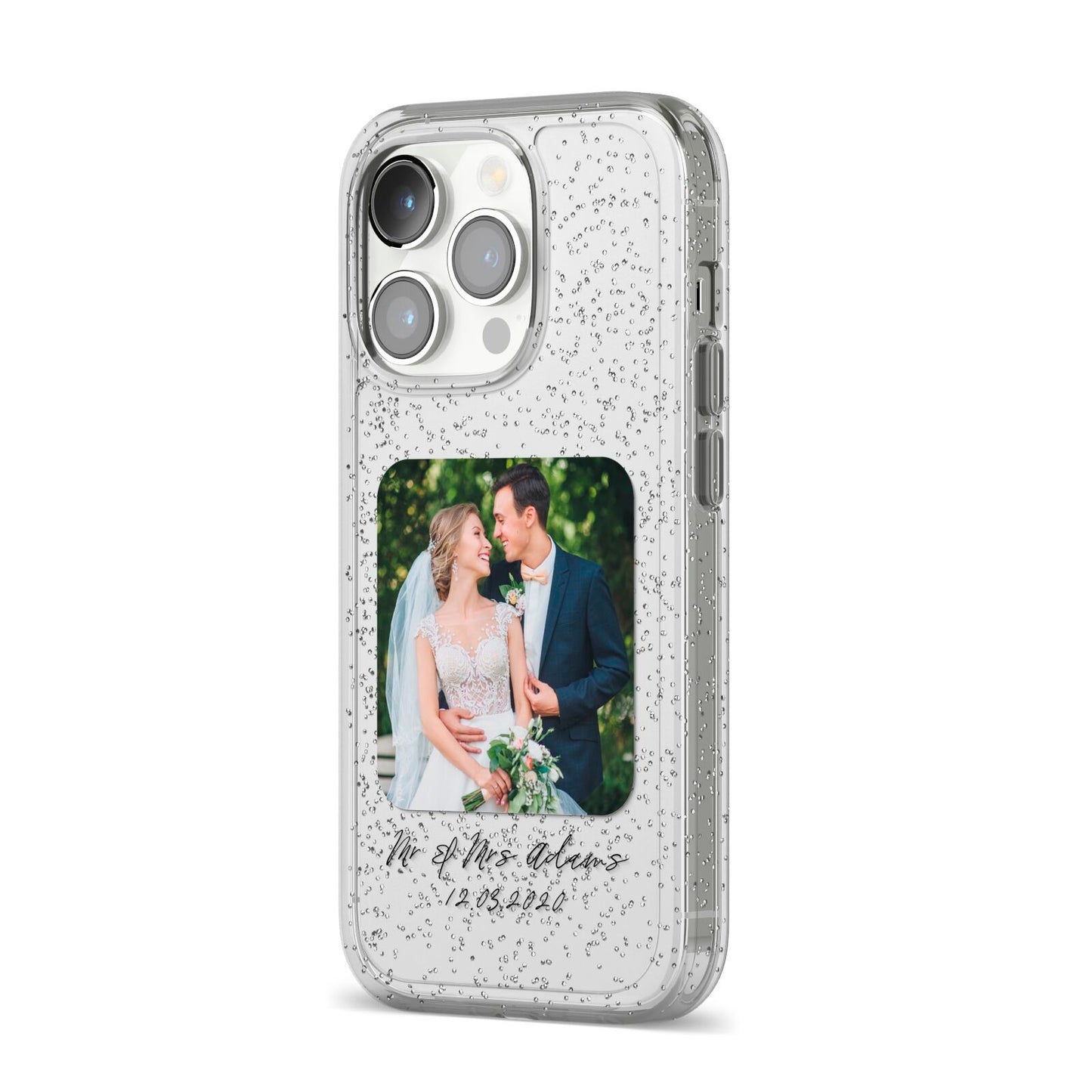 Wedding Photo Upload Keepsake with Text iPhone 14 Pro Glitter Tough Case Silver Angled Image