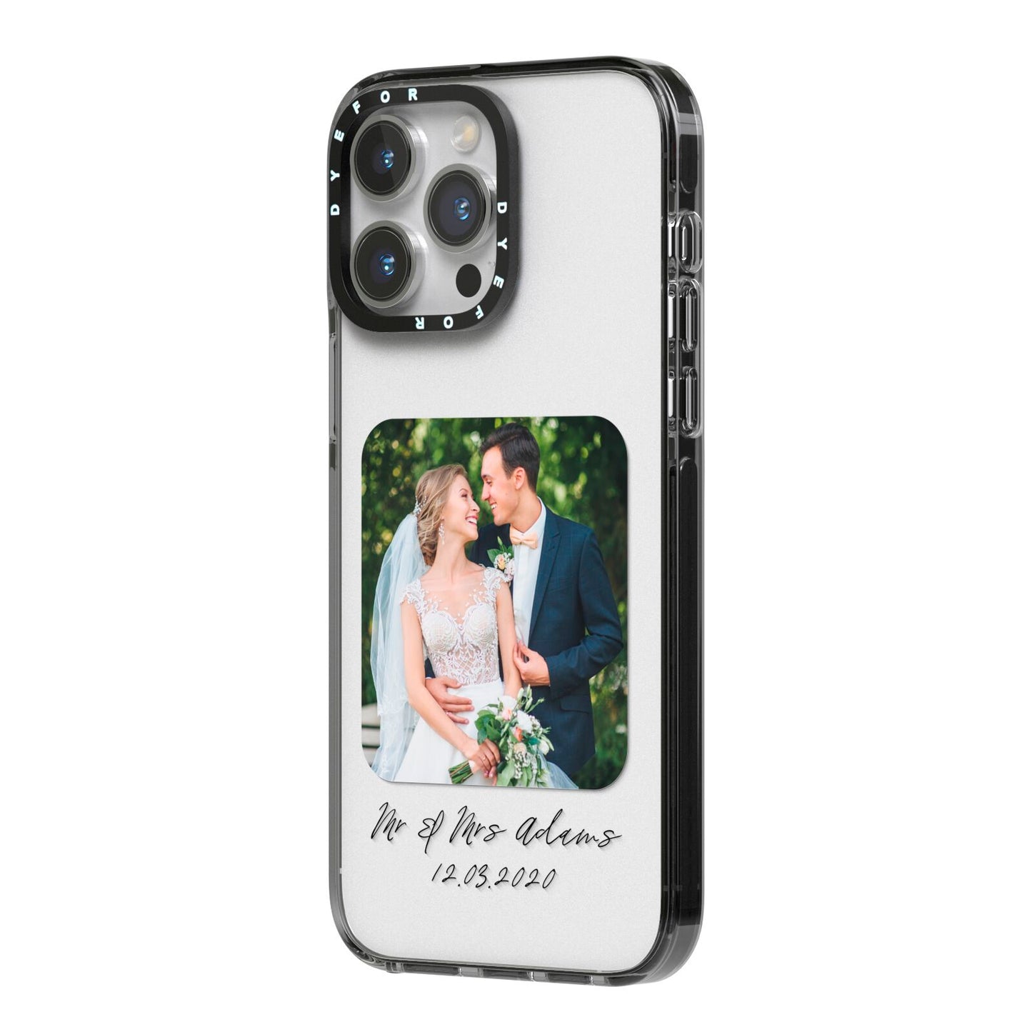 Wedding Photo Upload Keepsake with Text iPhone 14 Pro Max Black Impact Case Side Angle on Silver phone