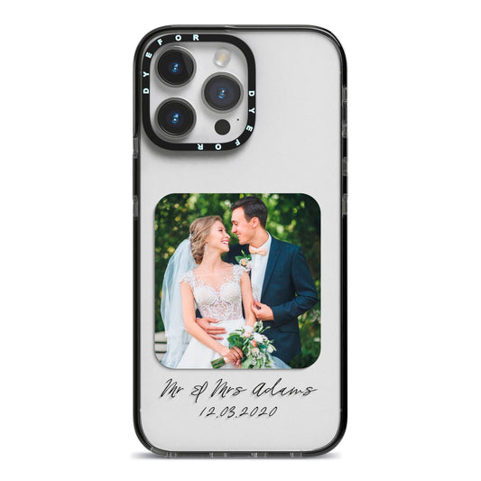 Wedding Photo Upload Keepsake with Text iPhone 14 Pro Max Black Impact Case on Silver phone