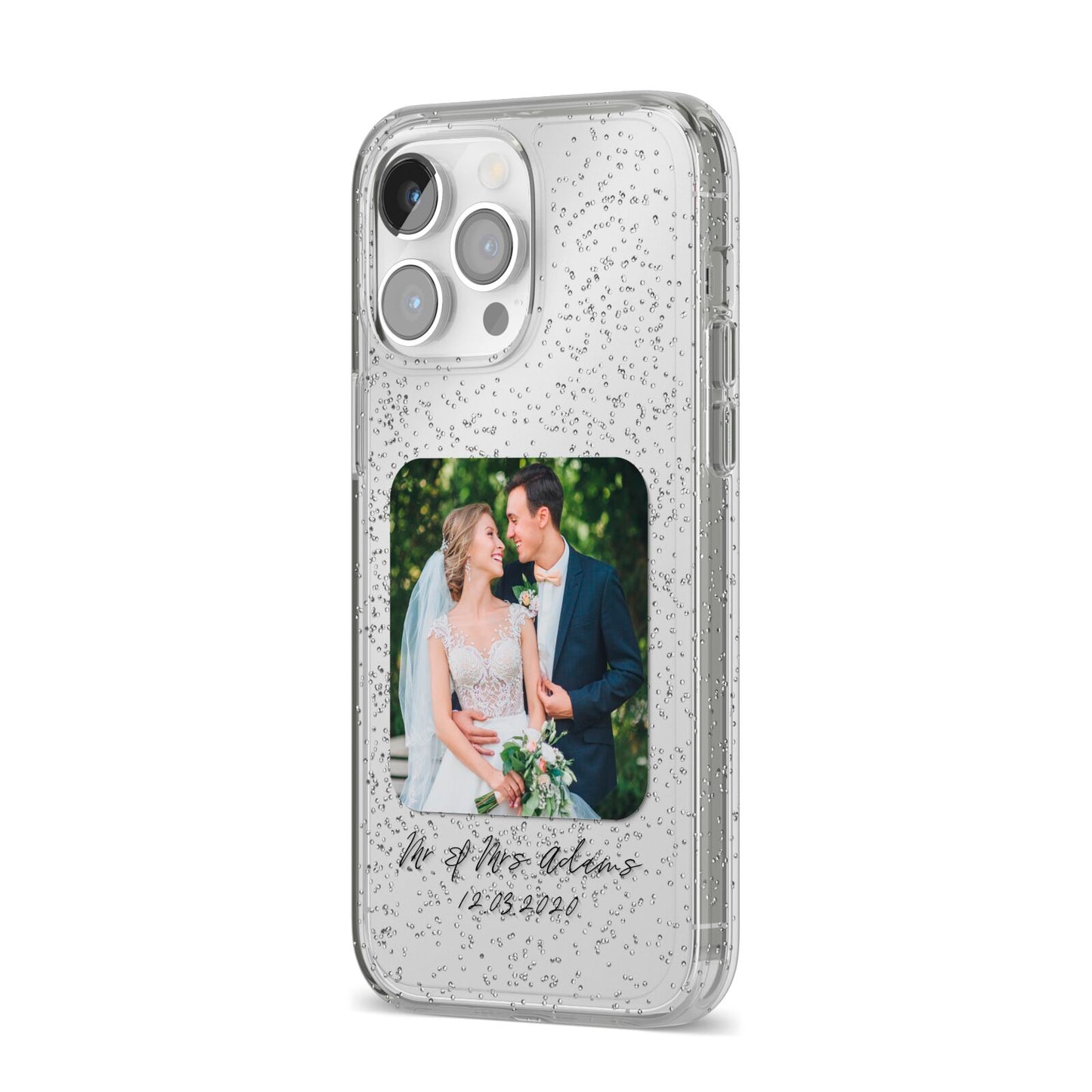 Wedding Photo Upload Keepsake with Text iPhone 14 Pro Max Glitter Tough Case Silver Angled Image