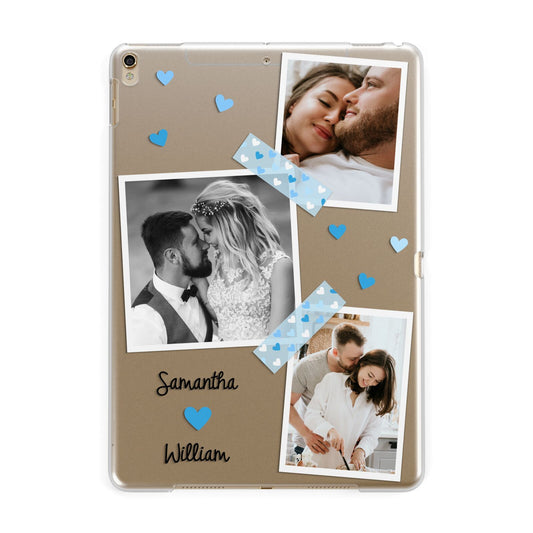Wedding Snaps Collage with Blue Hearts and Name Apple iPad Gold Case