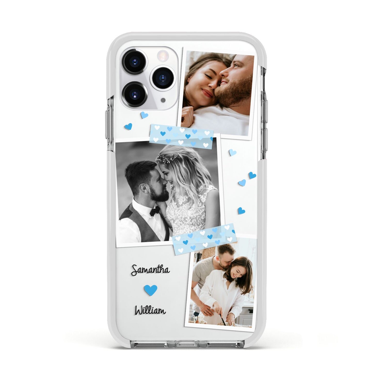 Wedding Snaps Collage with Blue Hearts and Name Apple iPhone 11 Pro in Silver with White Impact Case
