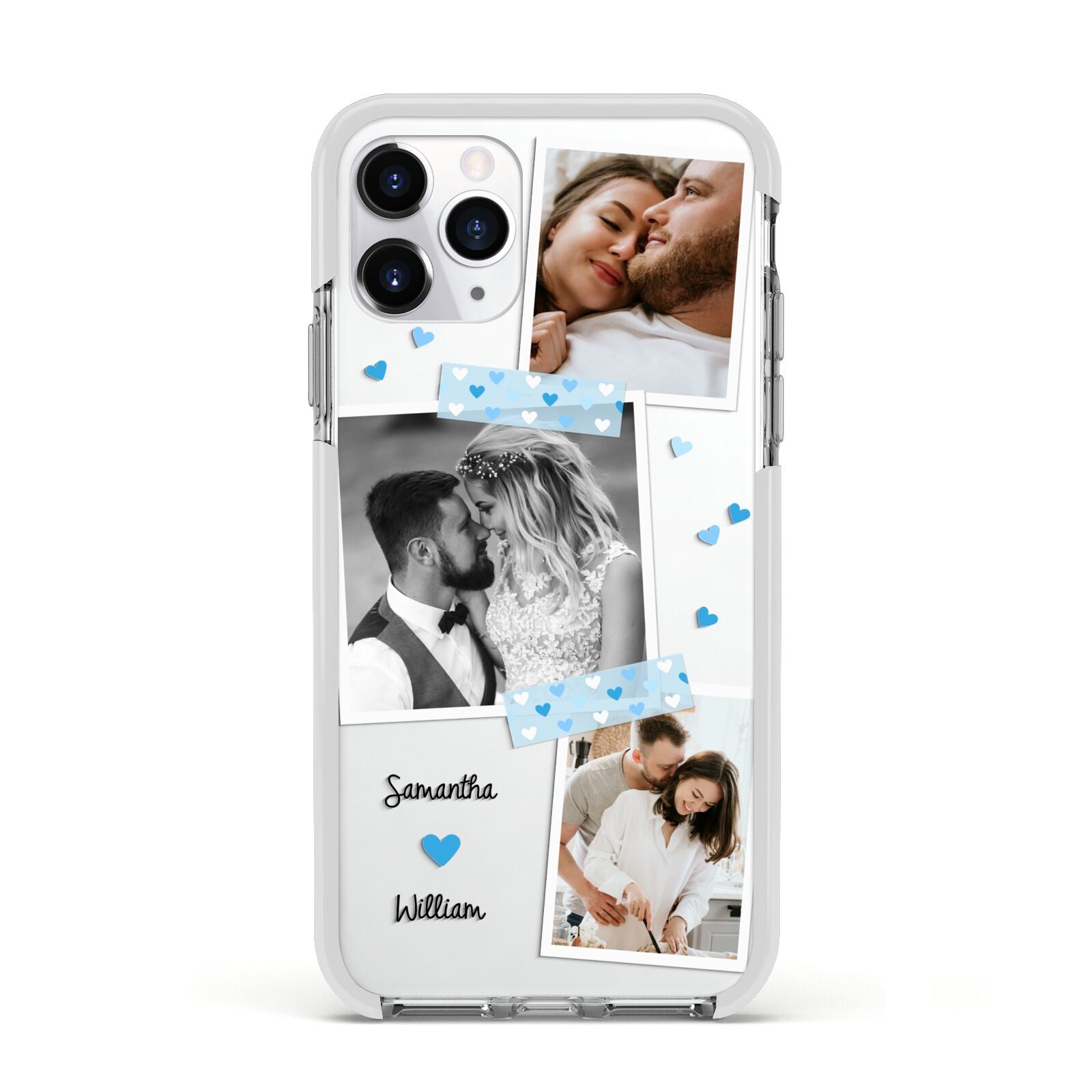 Wedding Snaps Collage with Blue Hearts and Name Apple iPhone 11 Pro in Silver with White Impact Case