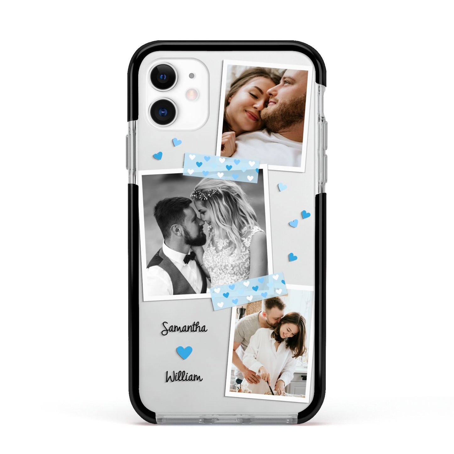 Wedding Snaps Collage with Blue Hearts and Name Apple iPhone 11 in White with Black Impact Case