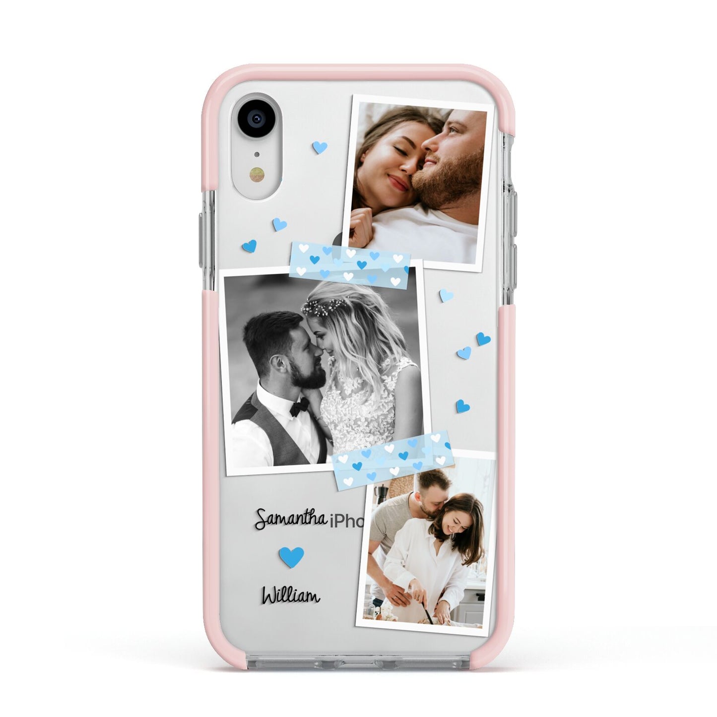 Wedding Snaps Collage with Blue Hearts and Name Apple iPhone XR Impact Case Pink Edge on Silver Phone