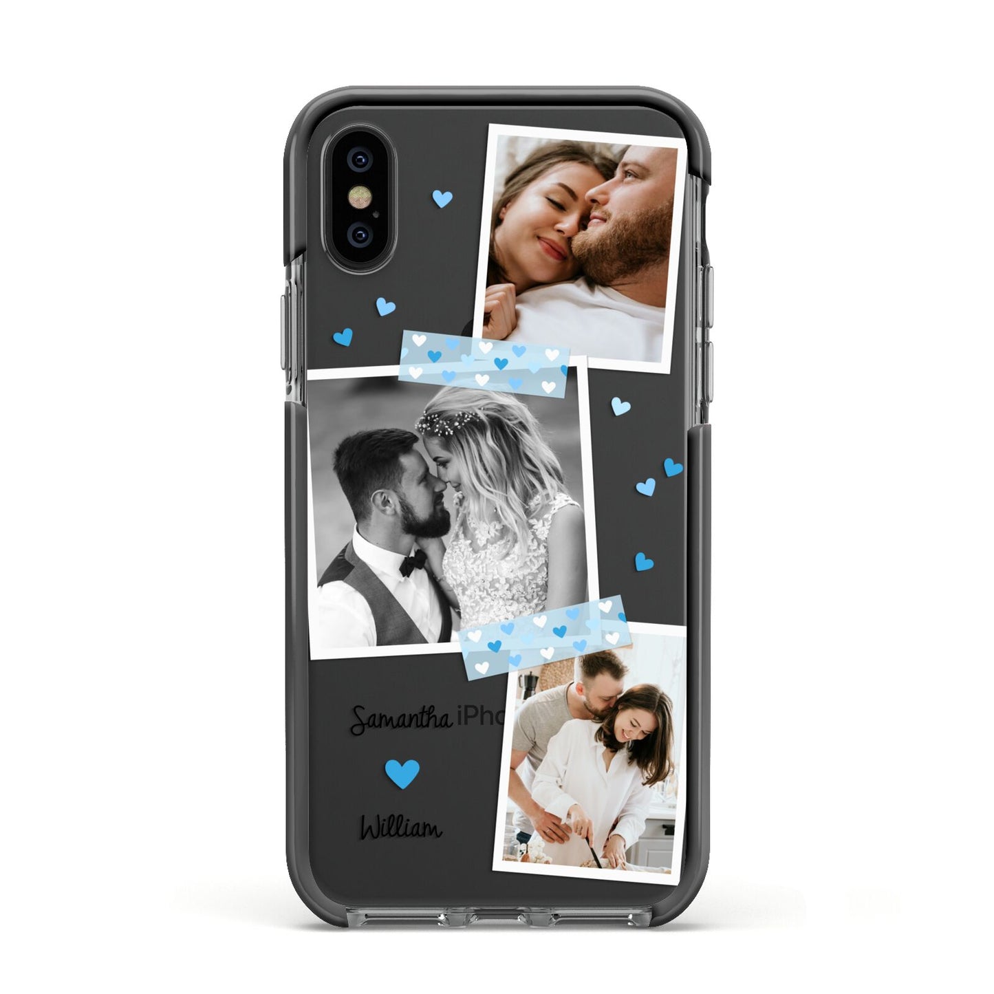 Wedding Snaps Collage with Blue Hearts and Name Apple iPhone Xs Impact Case Black Edge on Black Phone