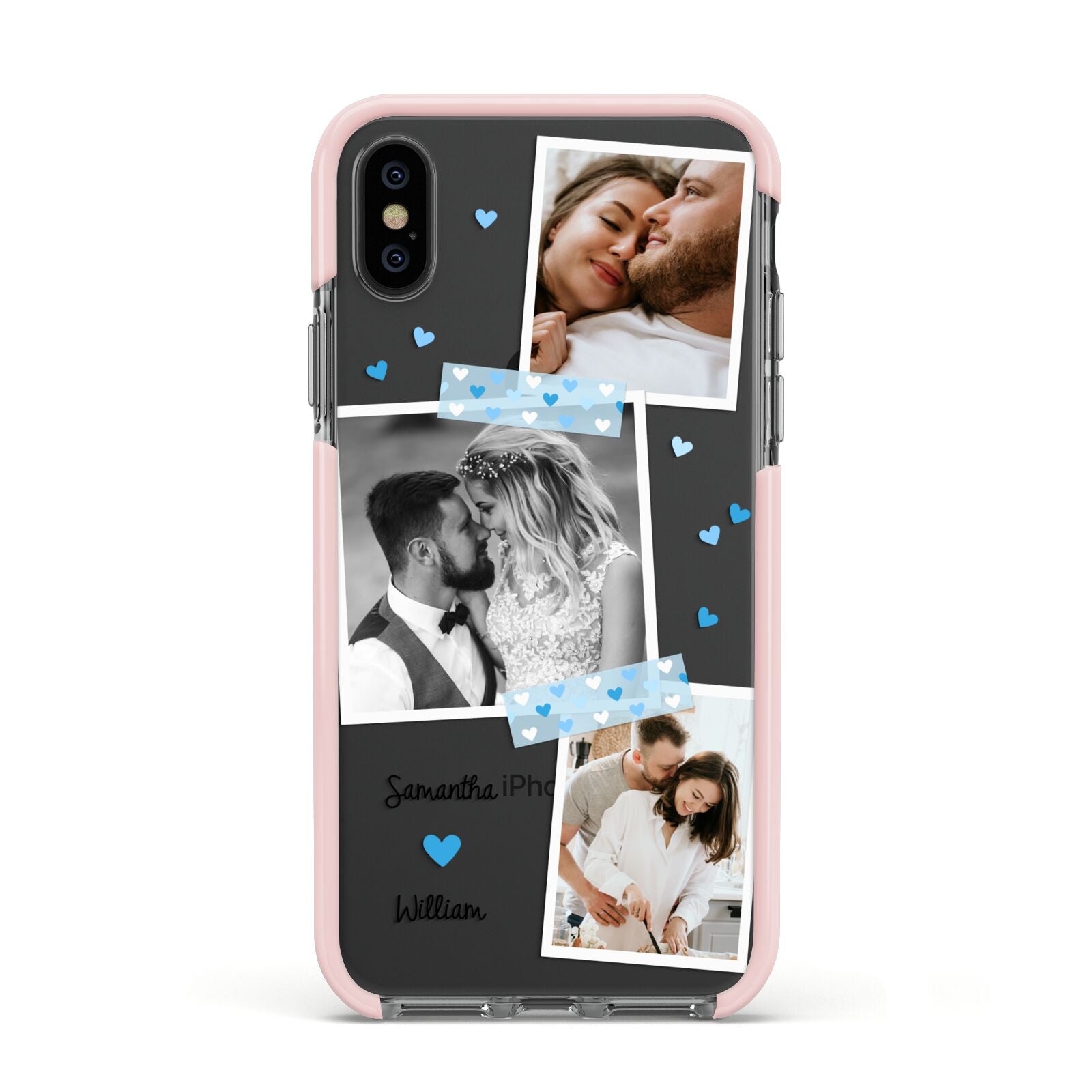 Wedding Snaps Collage with Blue Hearts and Name Apple iPhone Xs Impact Case Pink Edge on Black Phone