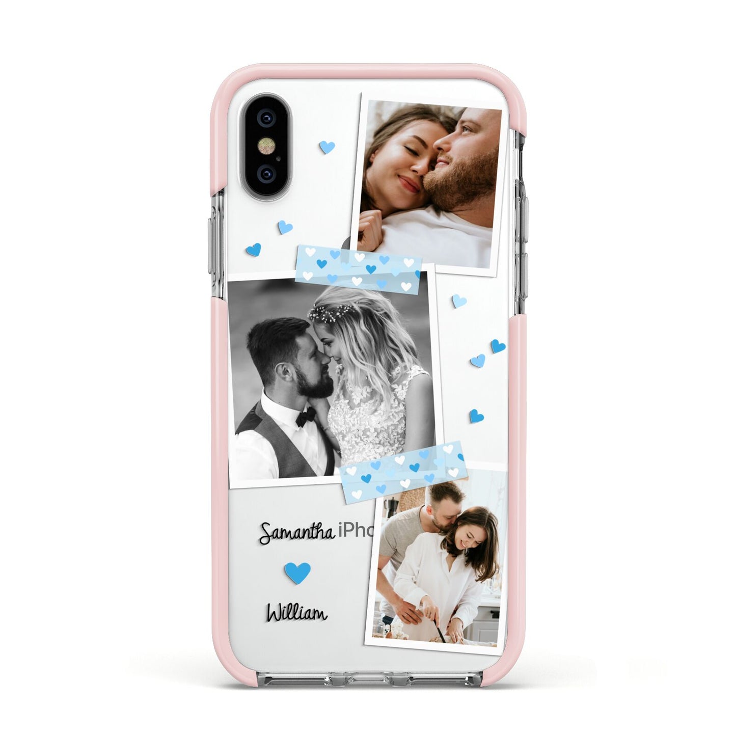 Wedding Snaps Collage with Blue Hearts and Name Apple iPhone Xs Impact Case Pink Edge on Silver Phone