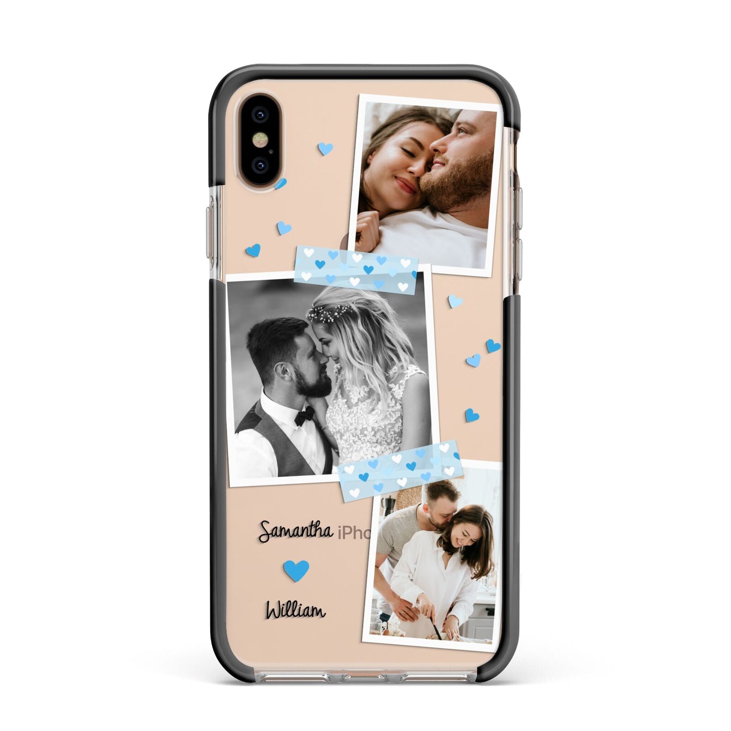 Wedding Snaps Collage with Blue Hearts and Name Apple iPhone Xs Max Impact Case Black Edge on Gold Phone