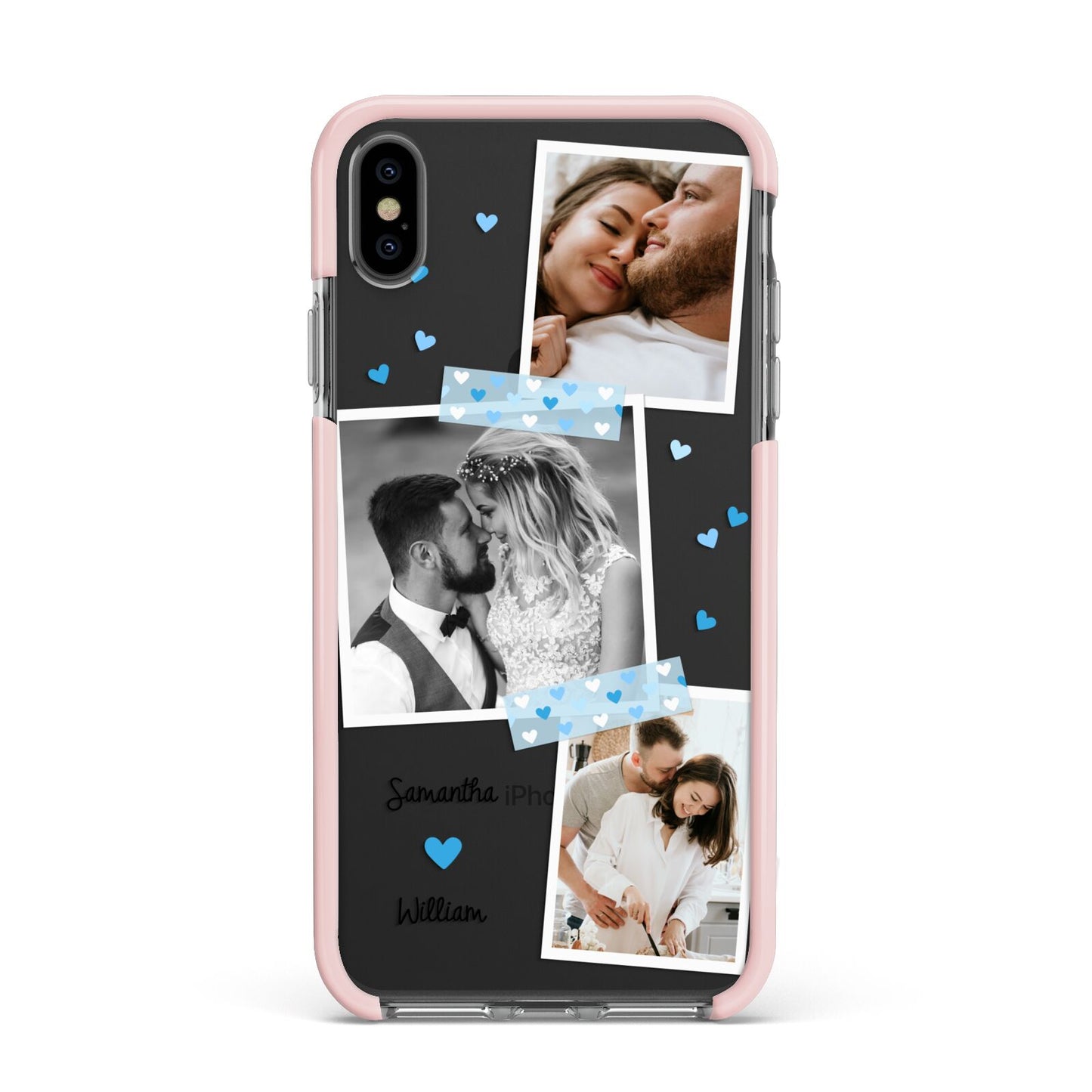 Wedding Snaps Collage with Blue Hearts and Name Apple iPhone Xs Max Impact Case Pink Edge on Black Phone