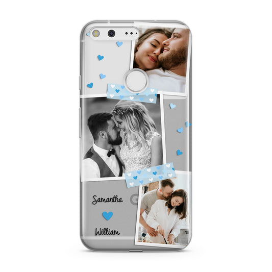Wedding Snaps Collage with Blue Hearts and Name Google Pixel Case