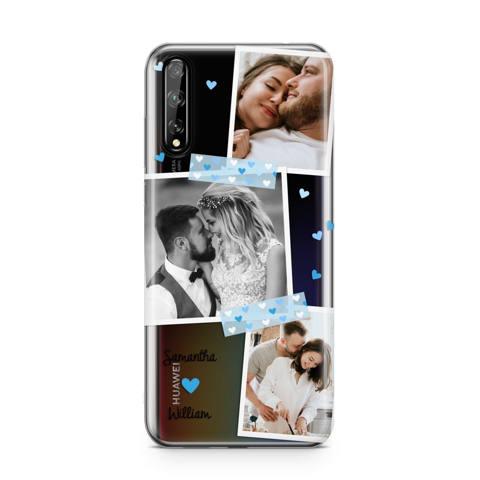 Wedding Snaps Collage with Blue Hearts and Name Huawei Enjoy 10s Phone Case