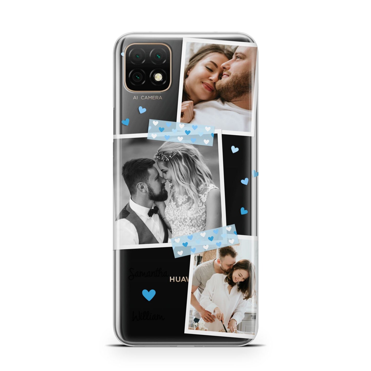 Wedding Snaps Collage with Blue Hearts and Name Huawei Enjoy 20 Phone Case