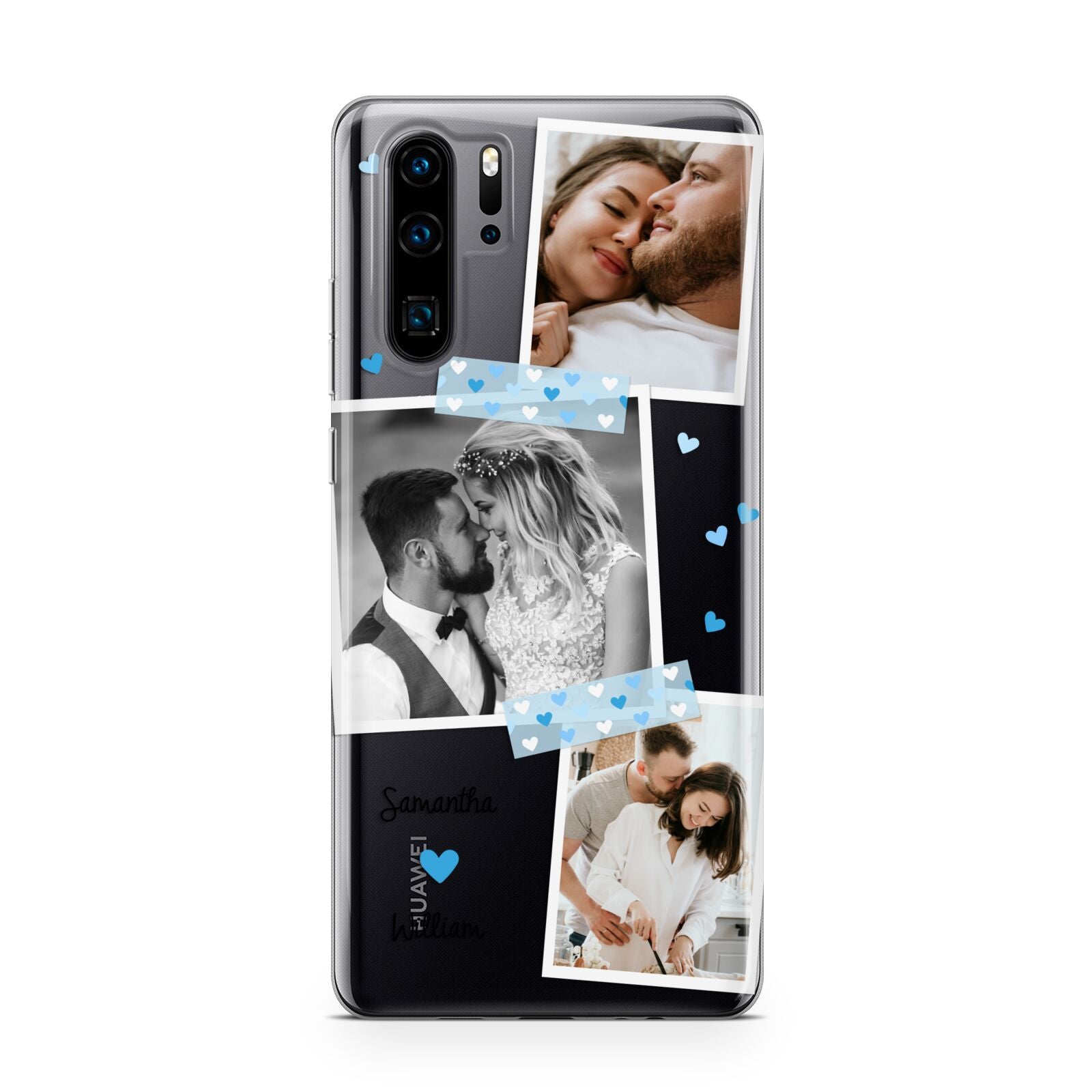Wedding Snaps Collage with Blue Hearts and Name Huawei P30 Pro Phone Case