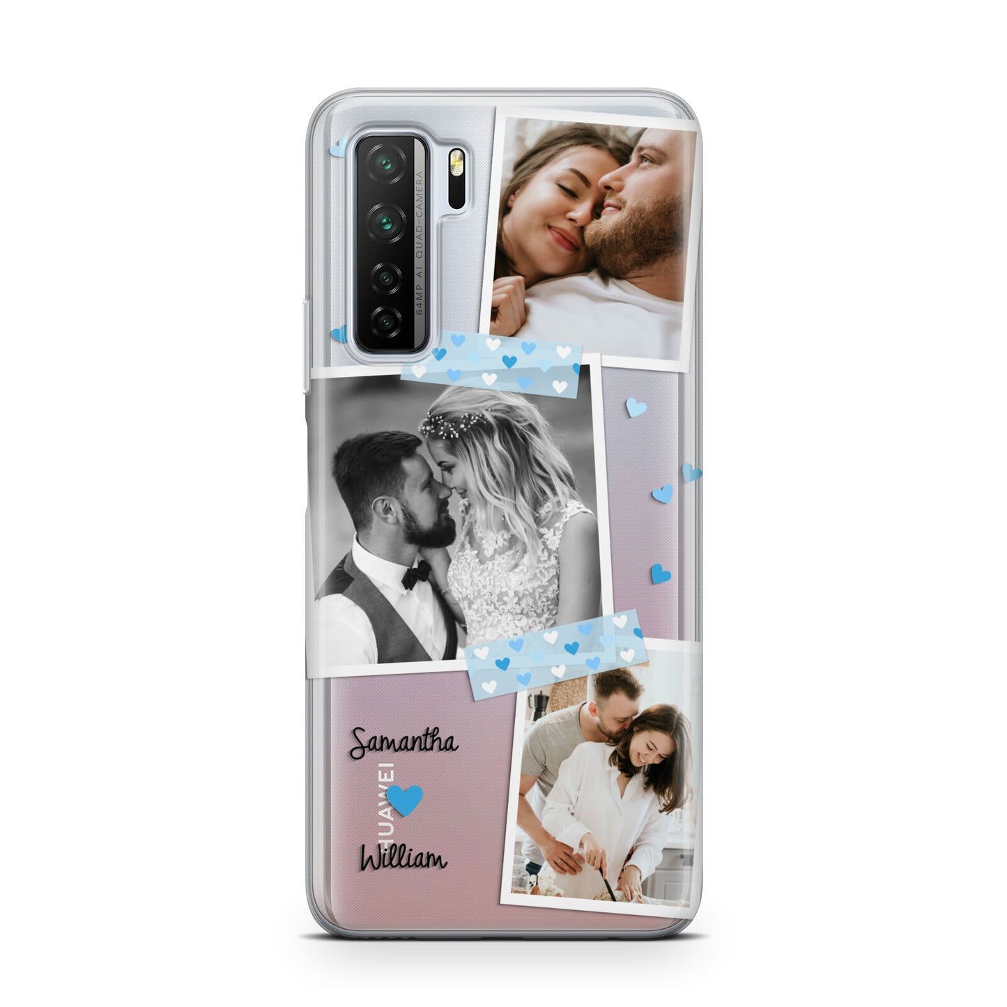 Wedding Snaps Collage with Blue Hearts and Name Huawei P40 Lite 5G Phone Case