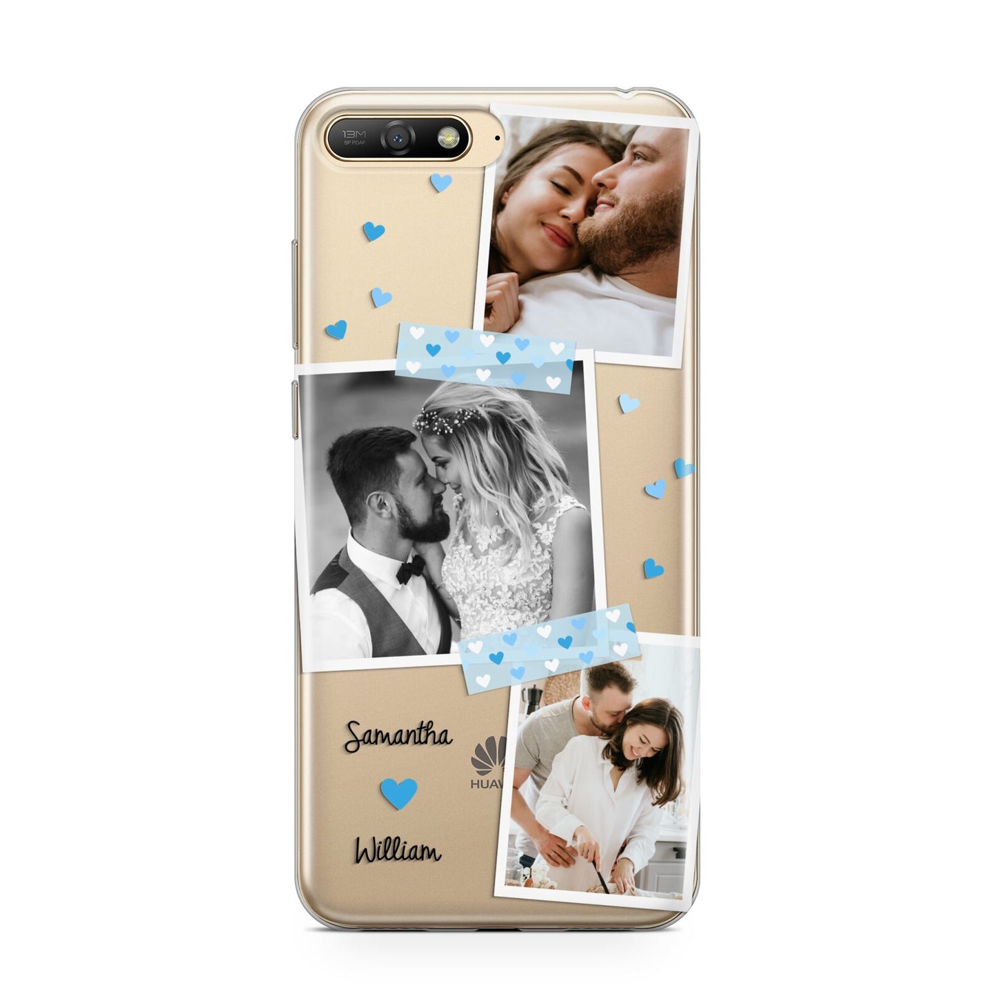Wedding Snaps Collage with Blue Hearts and Name Huawei Y6 2018
