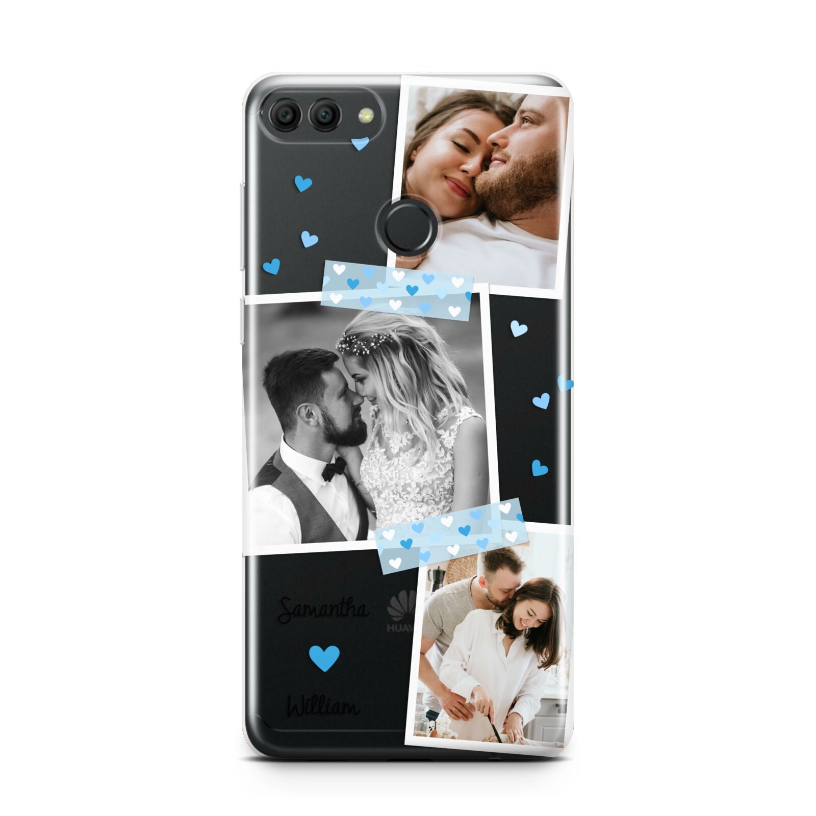 Wedding Snaps Collage with Blue Hearts and Name Huawei Y9 2018