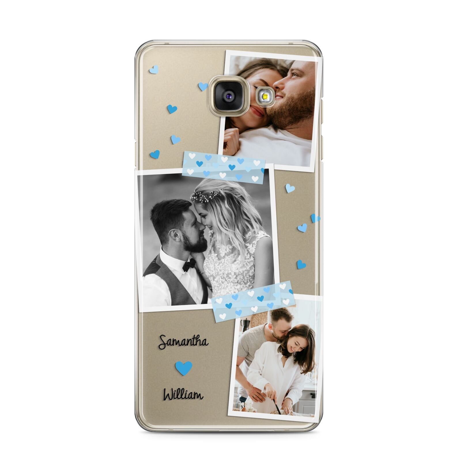Wedding Snaps Collage with Blue Hearts and Name Samsung Galaxy A3 2016 Case on gold phone