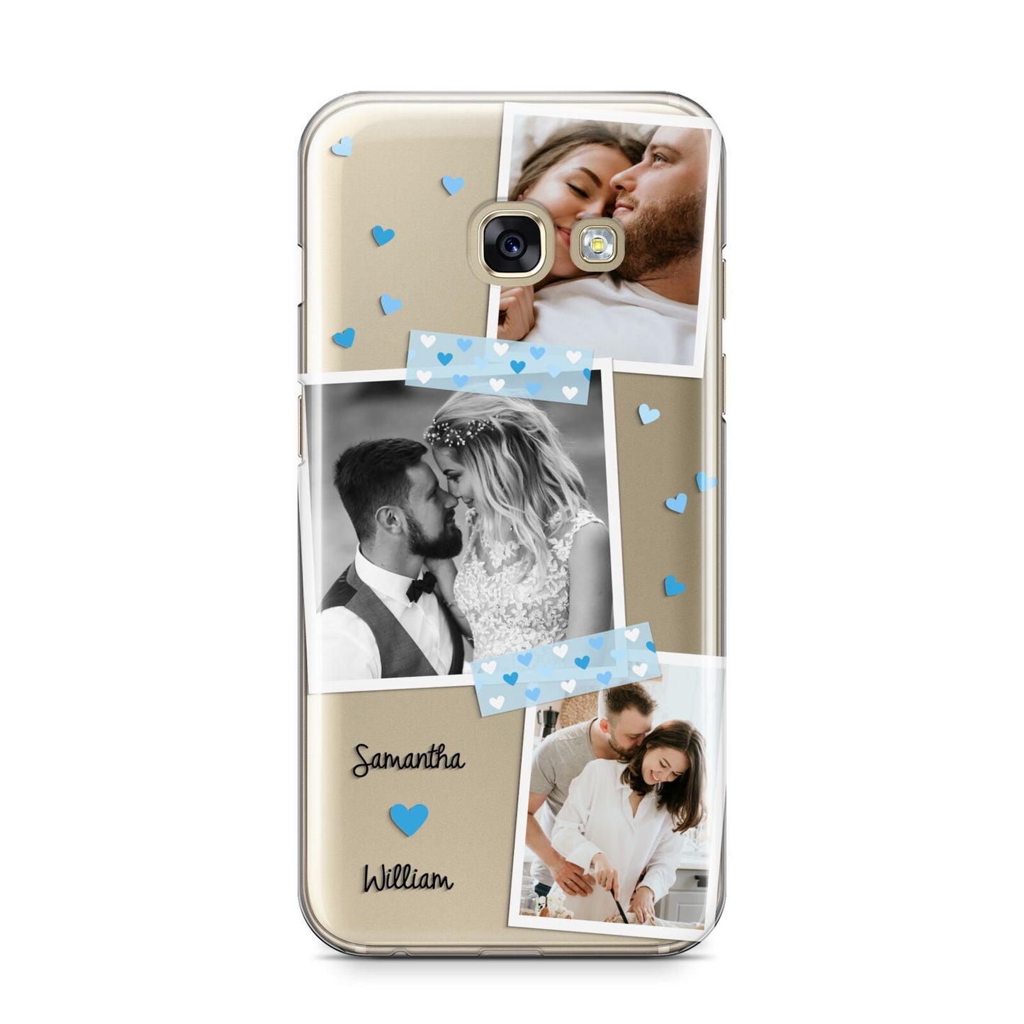 Wedding Snaps Collage with Blue Hearts and Name Samsung Galaxy A3 2017 Case on gold phone