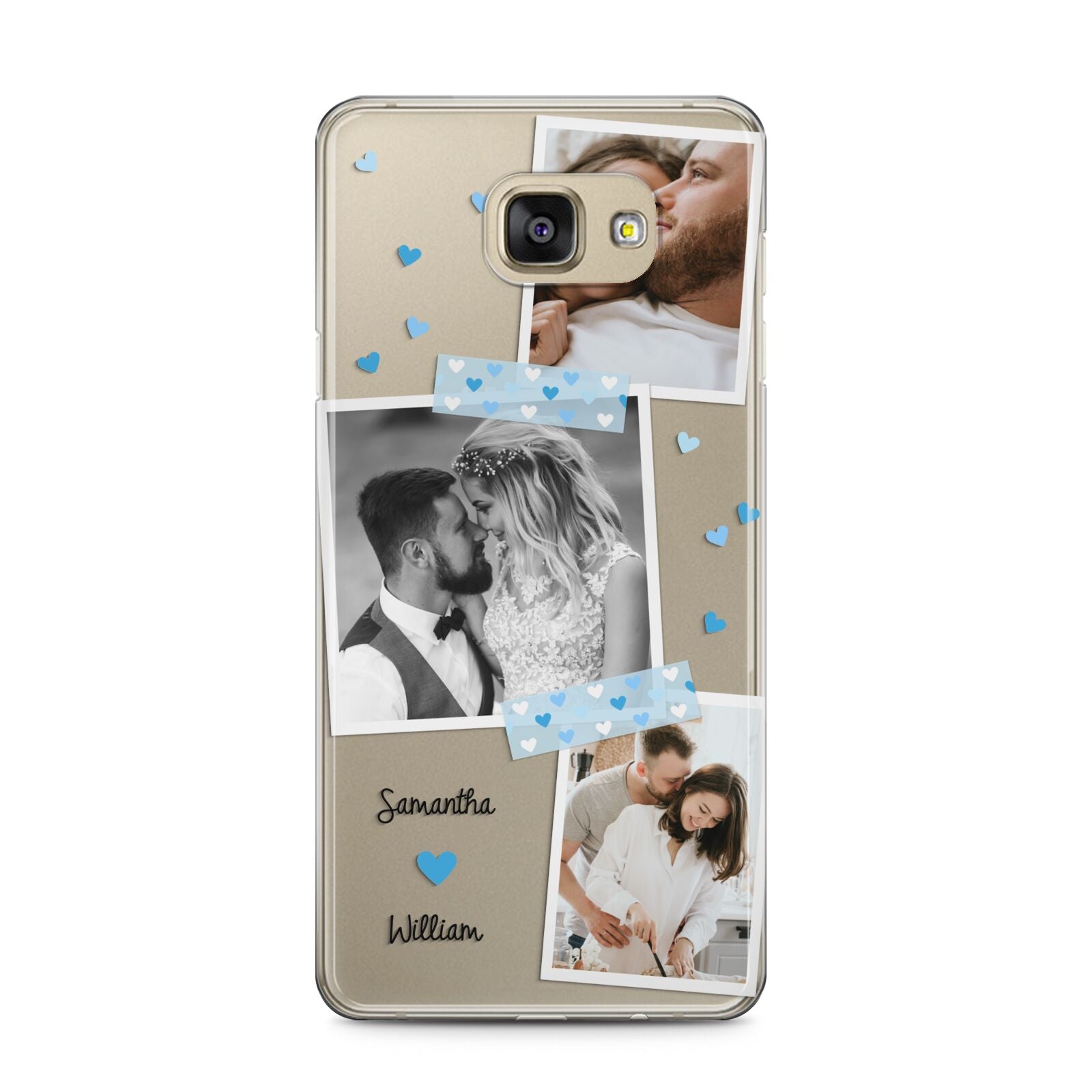 Wedding Snaps Collage with Blue Hearts and Name Samsung Galaxy A5 2016 Case on gold phone