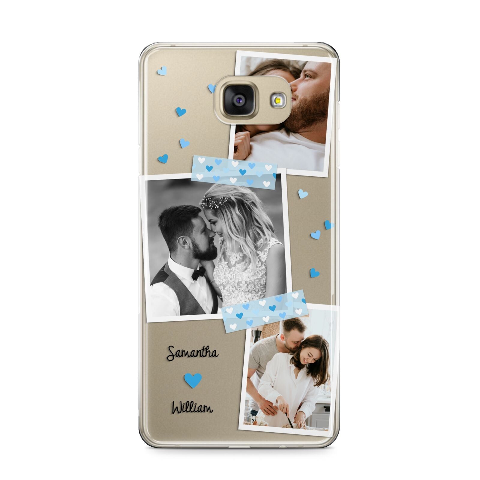 Wedding Snaps Collage with Blue Hearts and Name Samsung Galaxy A9 2016 Case on gold phone