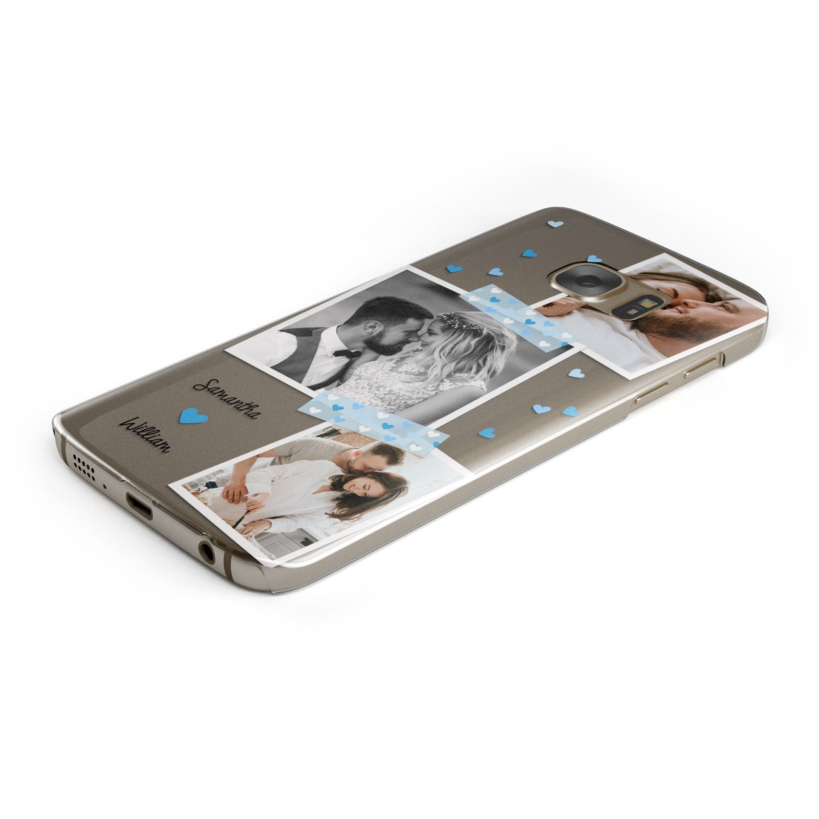 Wedding Snaps Collage with Blue Hearts and Name Samsung Galaxy Case Bottom Cutout