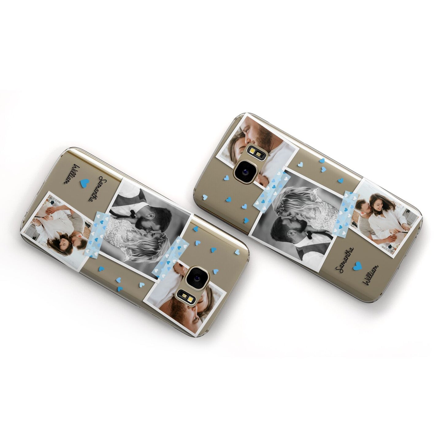 Wedding Snaps Collage with Blue Hearts and Name Samsung Galaxy Case Flat Overview