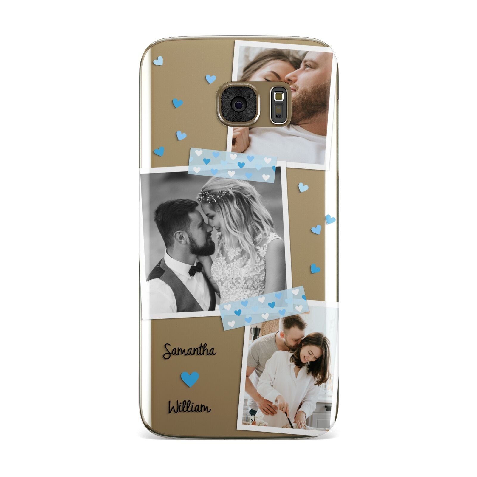 Wedding Snaps Collage with Blue Hearts and Name Samsung Galaxy Case