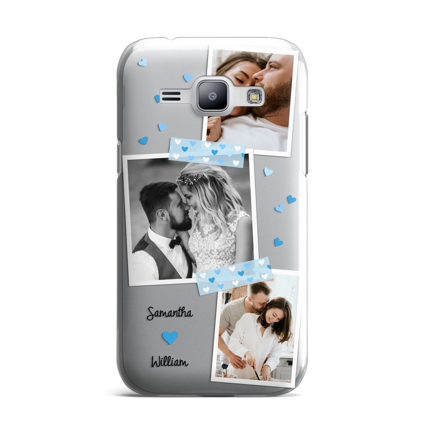 Wedding Snaps Collage with Blue Hearts and Name Samsung Galaxy J1 2015 Case