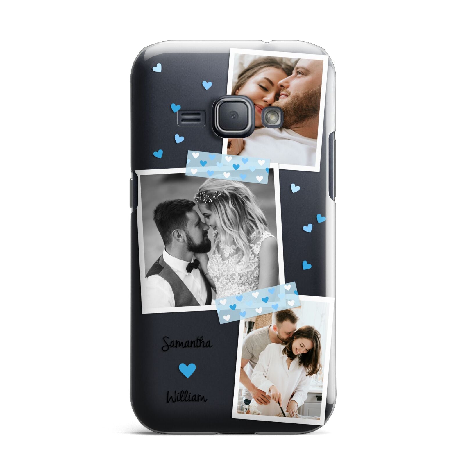 Wedding Snaps Collage with Blue Hearts and Name Samsung Galaxy J1 2016 Case