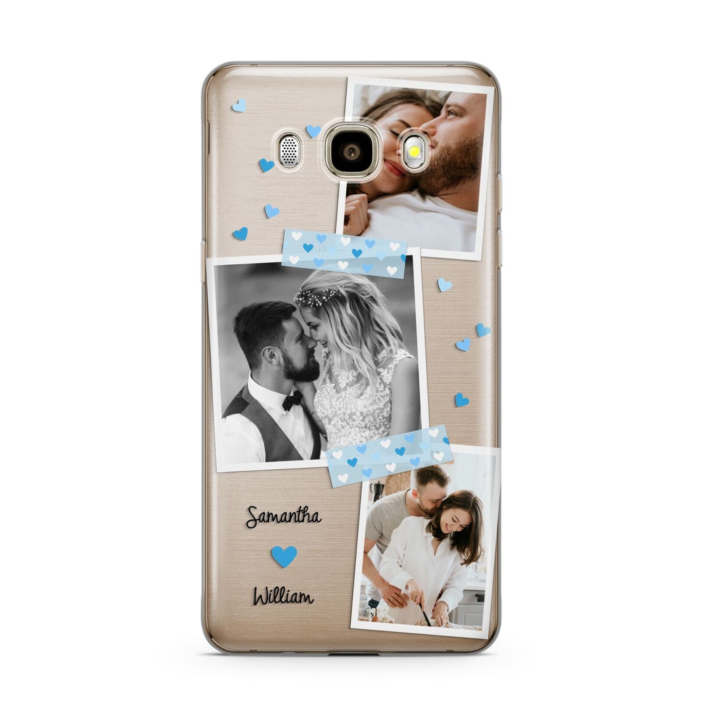 Wedding Snaps Collage with Blue Hearts and Name Samsung Galaxy J7 2016 Case on gold phone