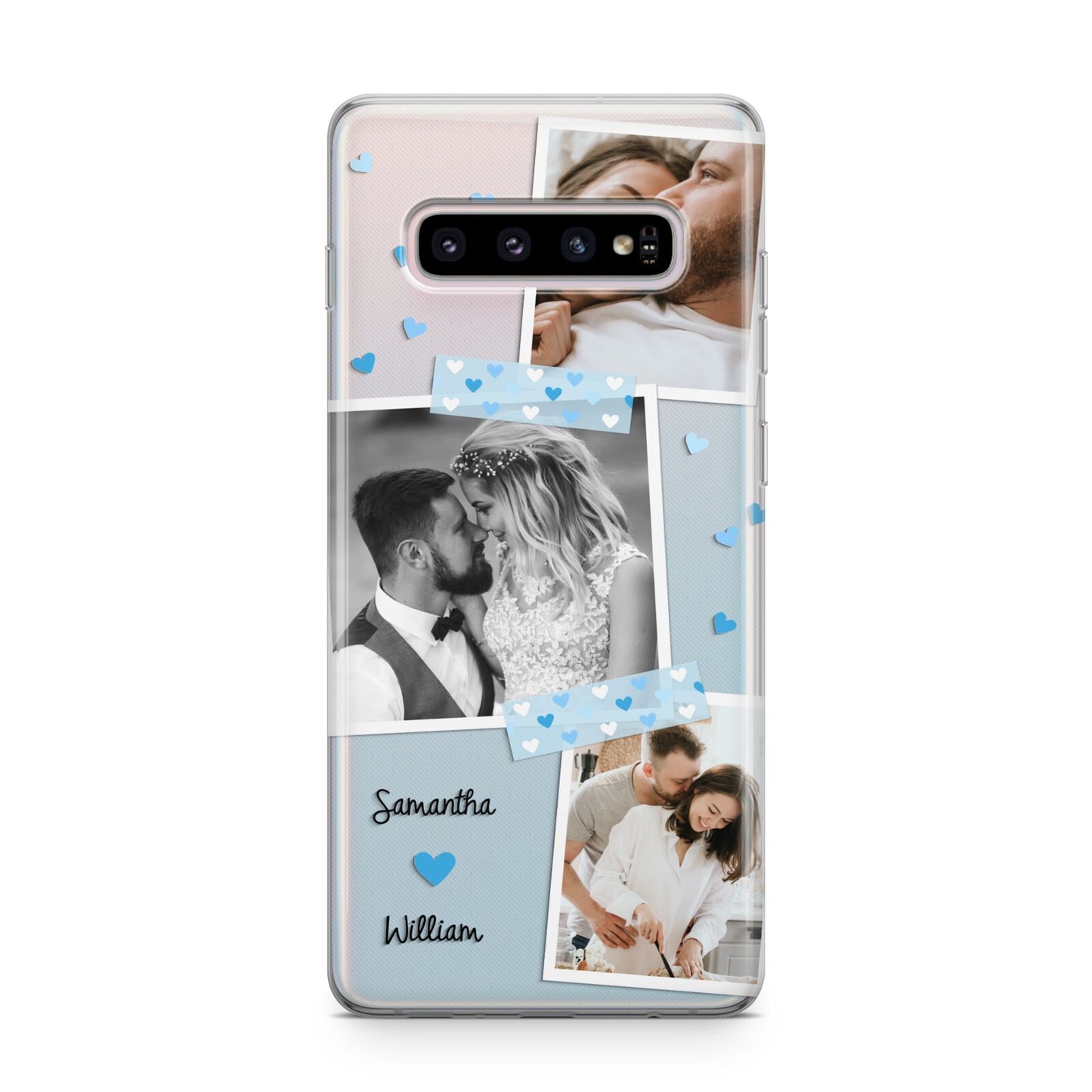 Wedding Snaps Collage with Blue Hearts and Name Samsung Galaxy S10 Plus Case
