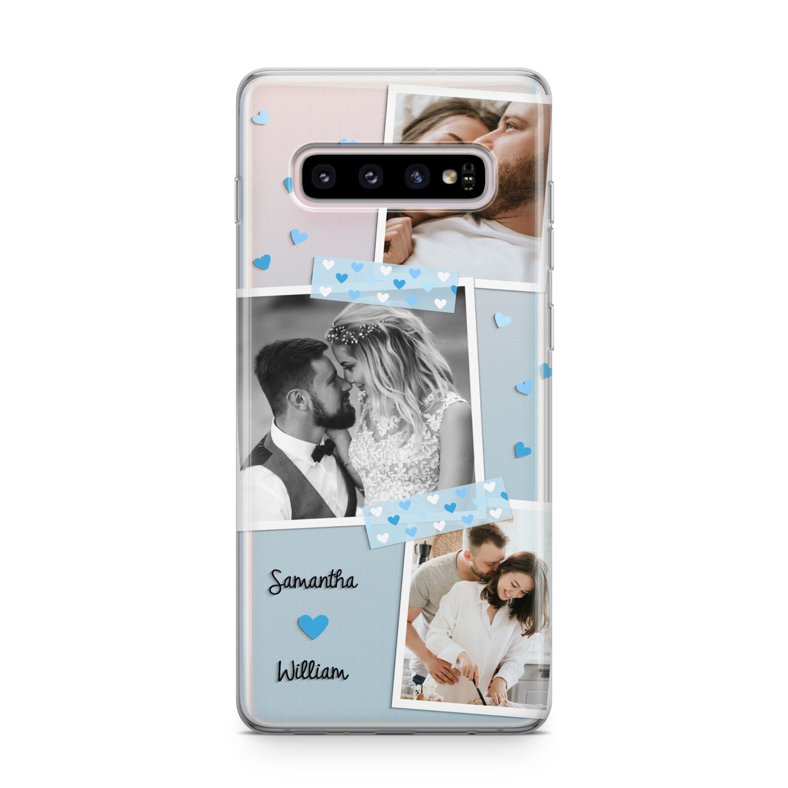 Wedding Snaps Collage with Blue Hearts and Name Samsung Galaxy S10 Plus Case