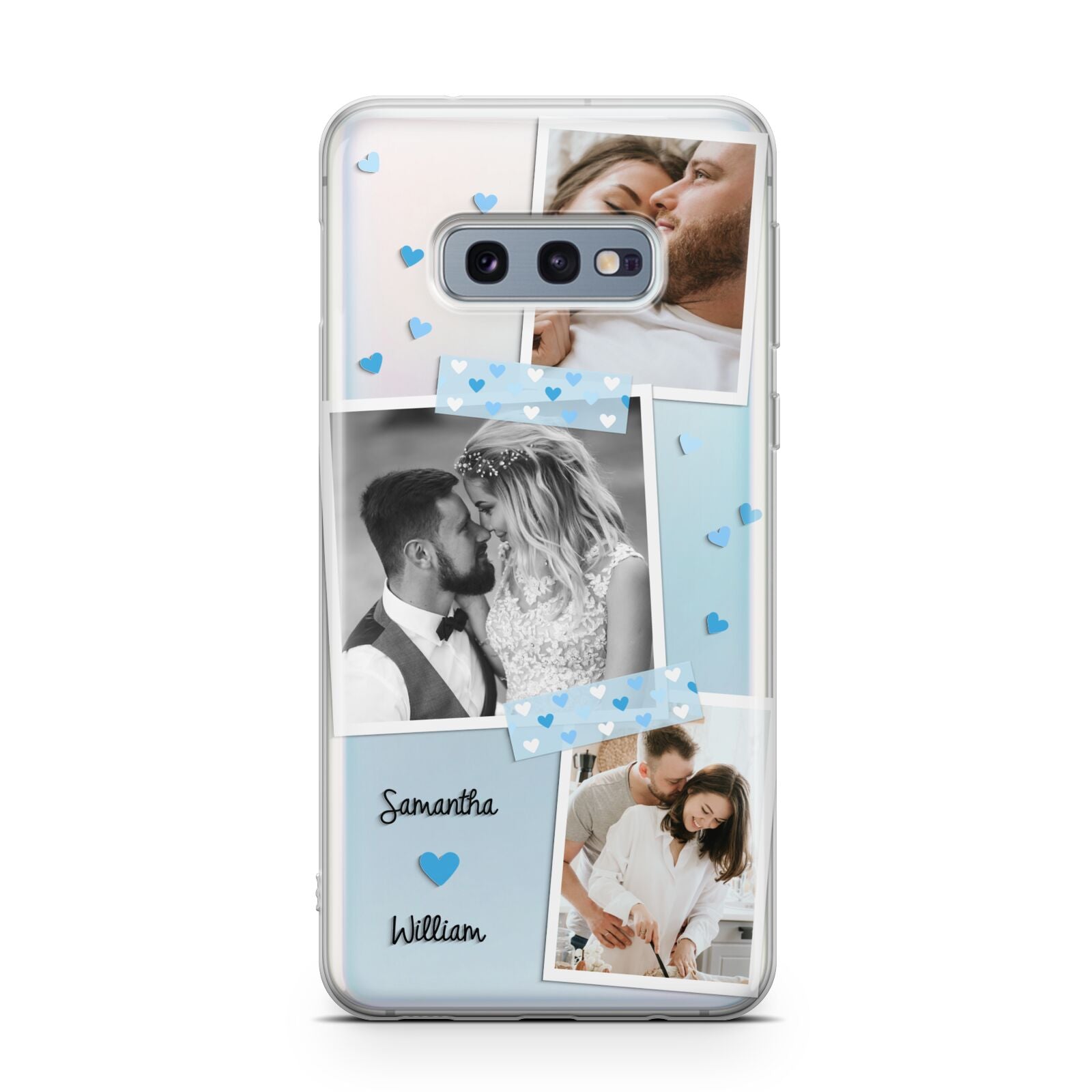 Wedding Snaps Collage with Blue Hearts and Name Samsung Galaxy S10E Case