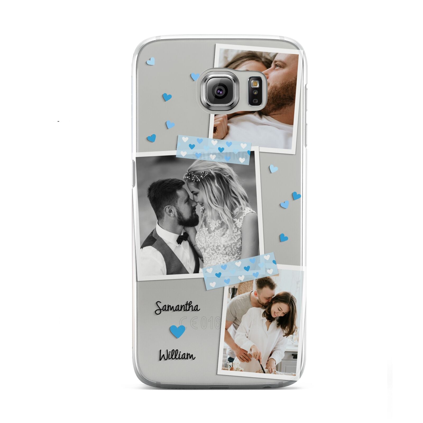 Wedding Snaps Collage with Blue Hearts and Name Samsung Galaxy S6 Case