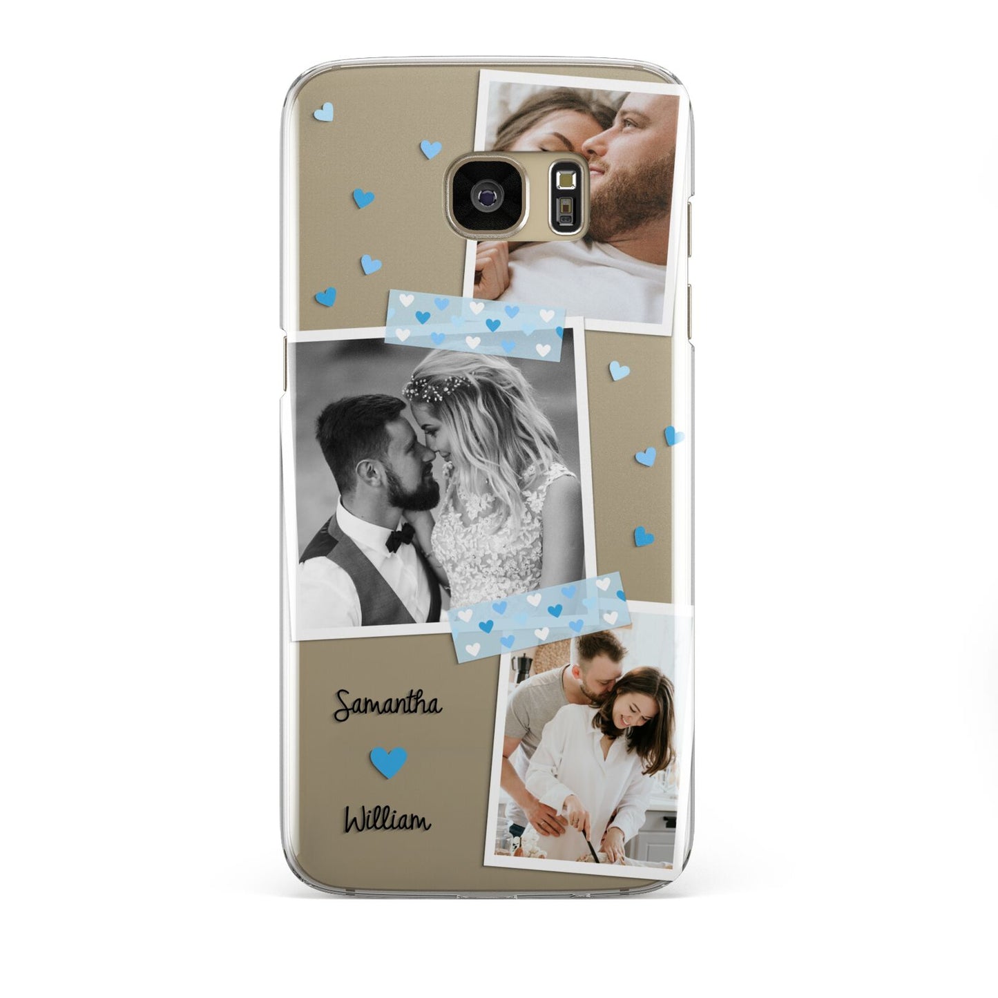 Wedding Snaps Collage with Blue Hearts and Name Samsung Galaxy S7 Edge Case